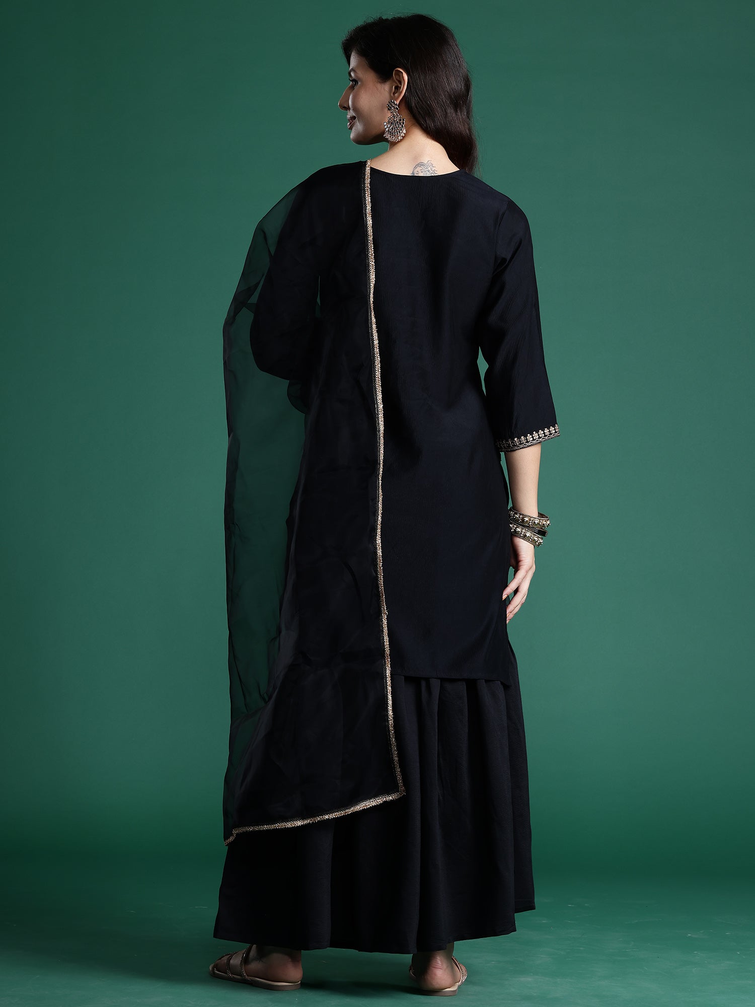 Indo Era Black Embroidered Straight Kurta Sharara With Dupatta Set