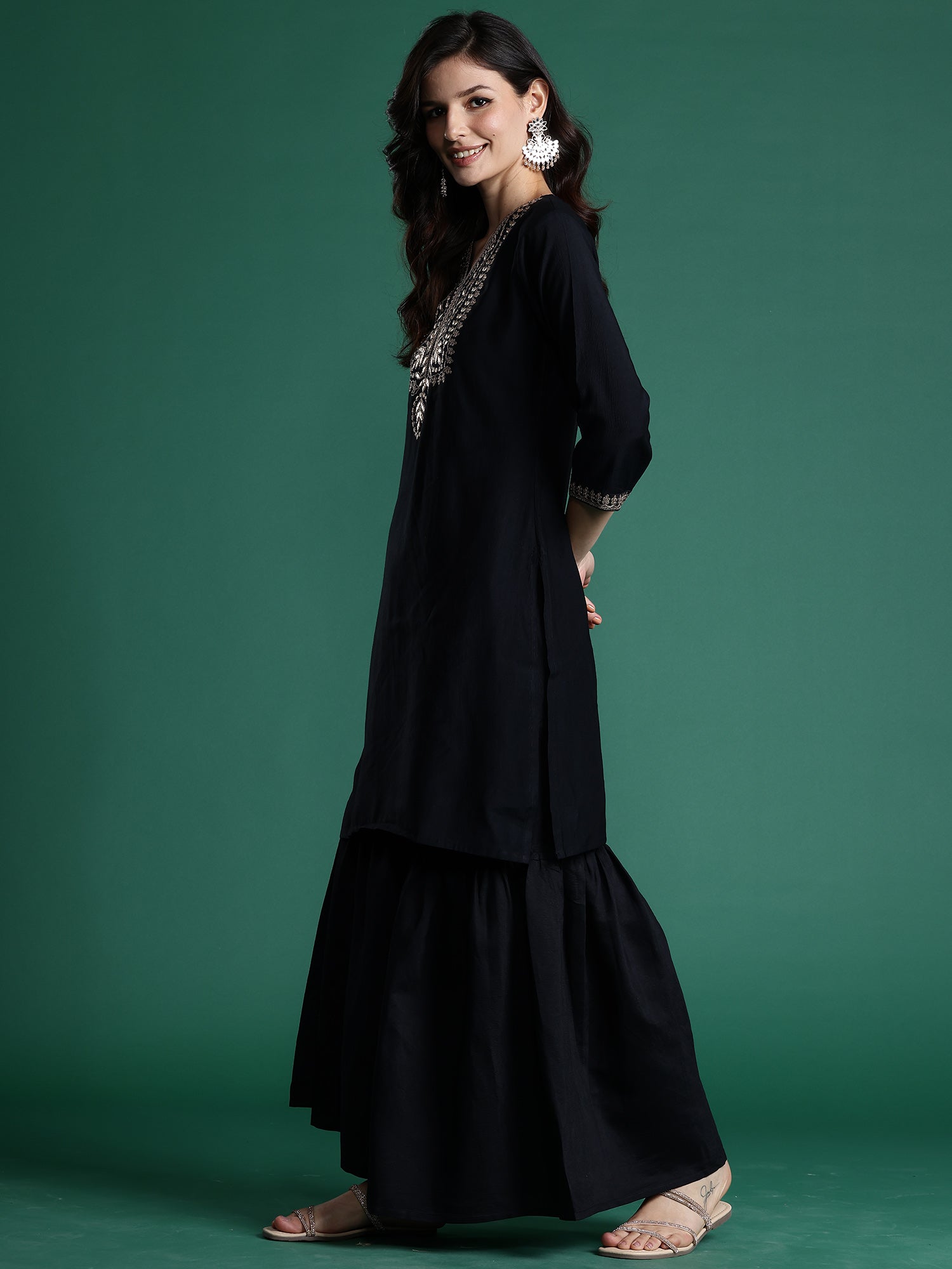 Indo Era Black Embroidered Straight Kurta Sharara With Dupatta Set