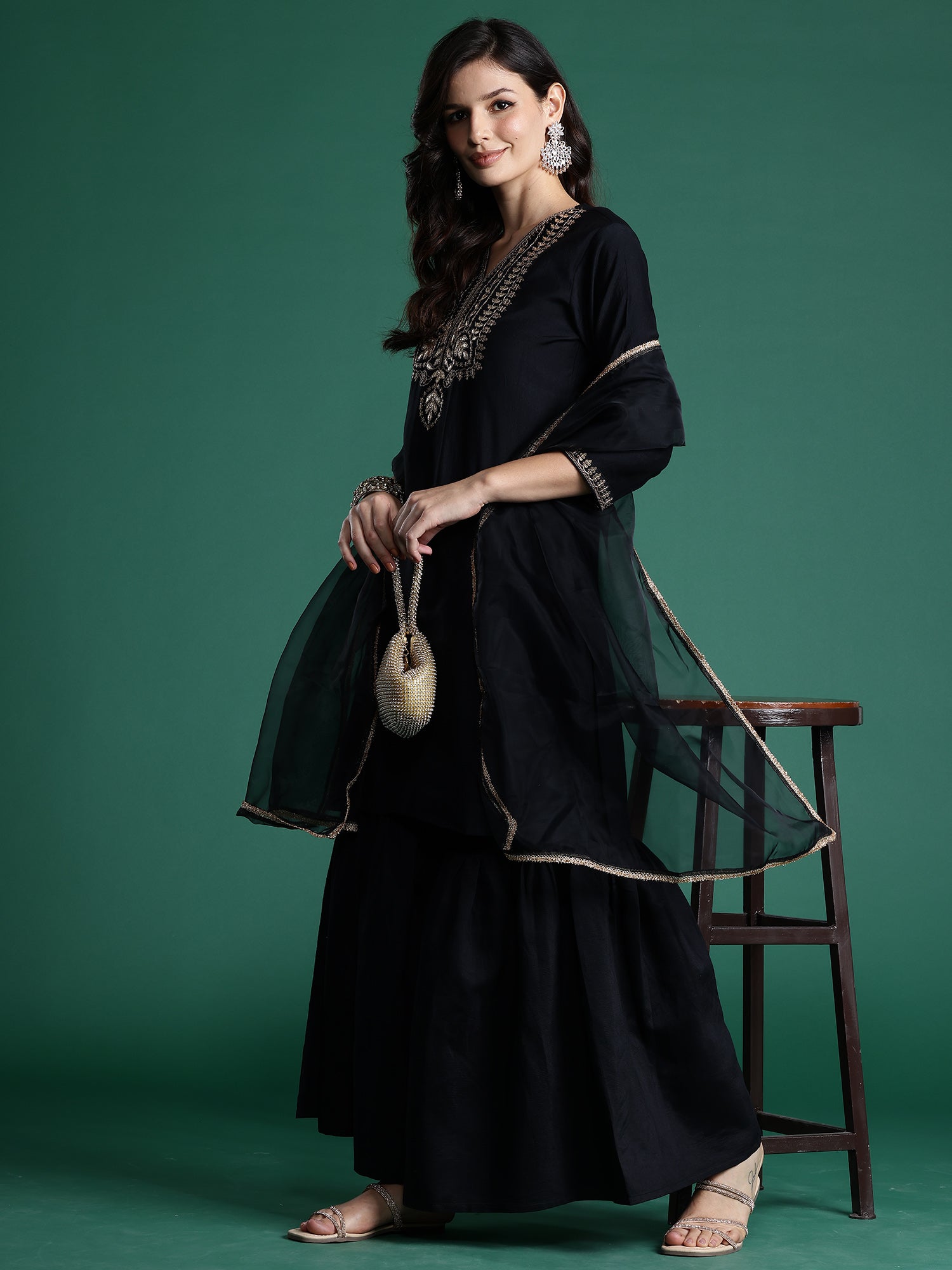 Indo Era Black Embroidered Straight Kurta Sharara With Dupatta Set