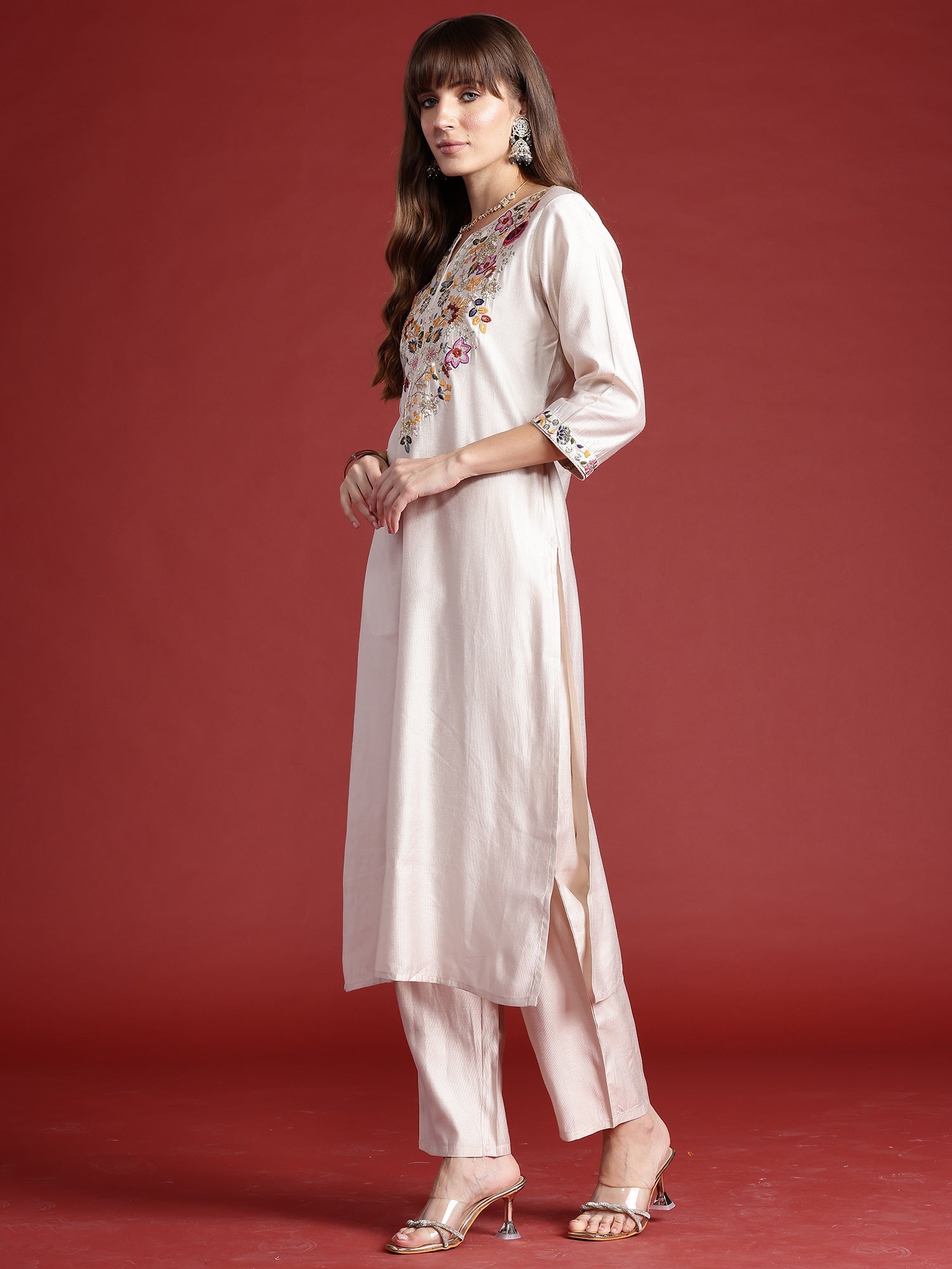Indo Era Off White Embroidered Straight Kurta Trousers With Dupatta Set