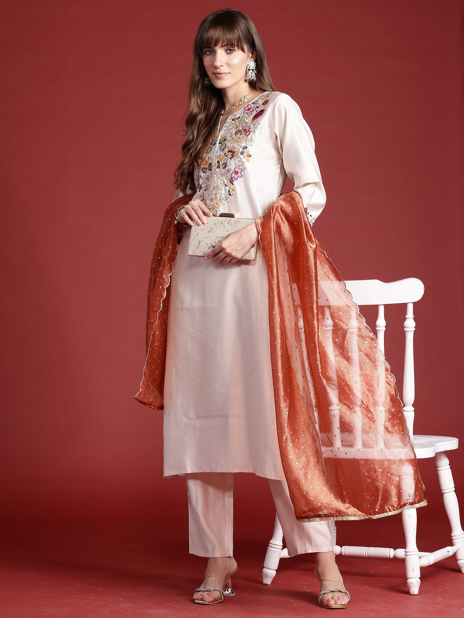 Indo Era Off White Embroidered Straight Kurta Trousers With Dupatta Set