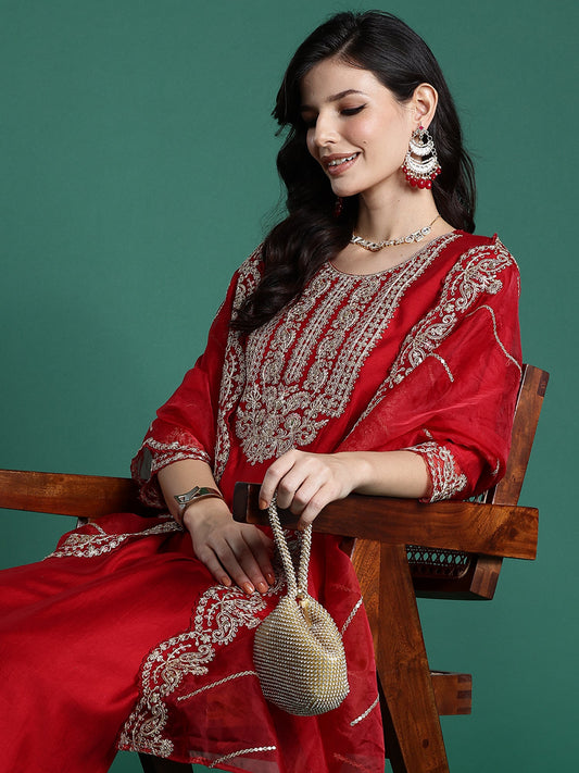Indo Era Red Embroidered Straight Kurta Trousers With Dupatta set