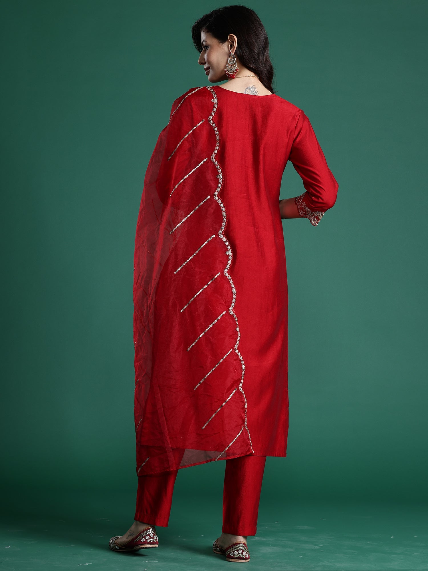 Indo Era Red Embroidered Straight Kurta Trousers With Dupatta set