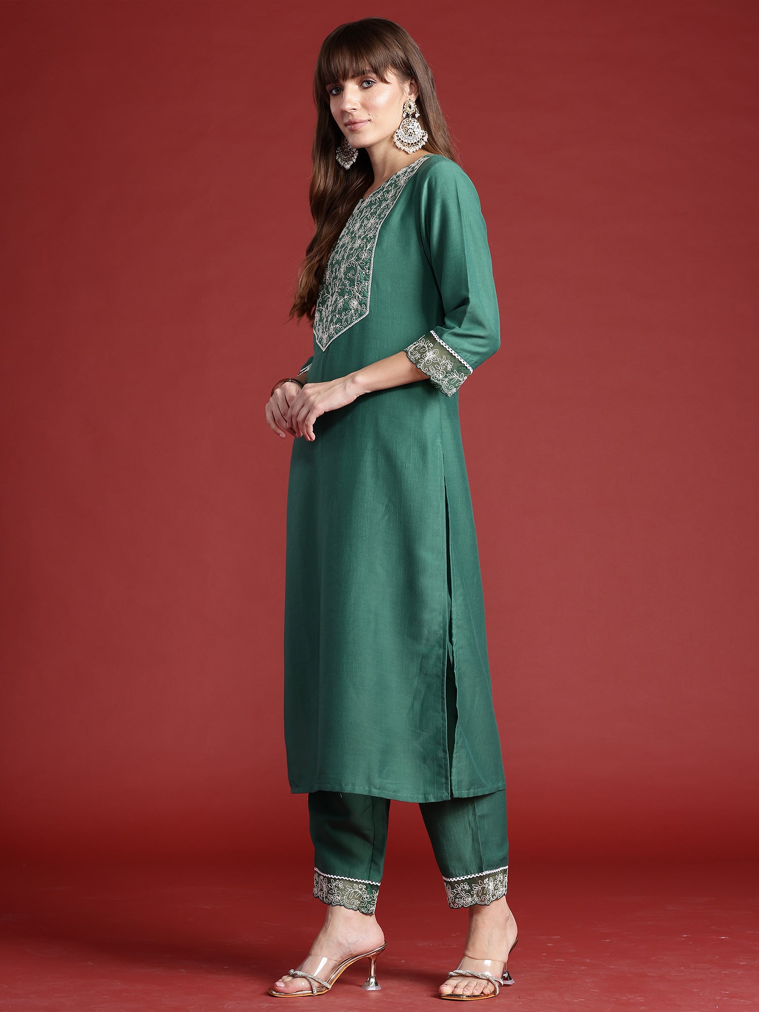Indo Era Green Embroidered Straight Kurta Trousers With Dupatta set