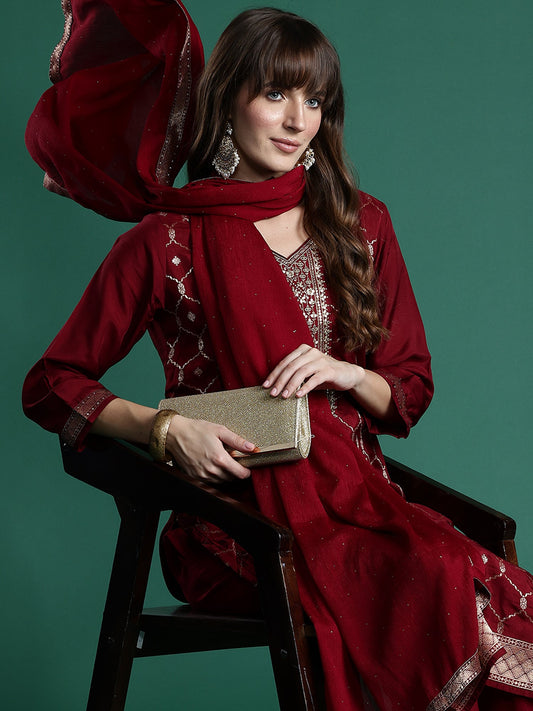 Indo Era Maroon Embroidered Straight Kurta Trousers With Dupatta set