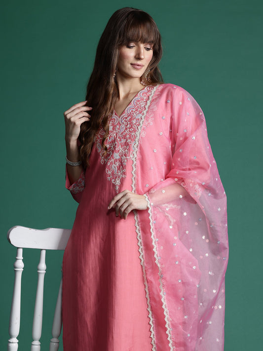 Indo Era Pink Embroidered Straight Kurta Trousers With Dupatta Set