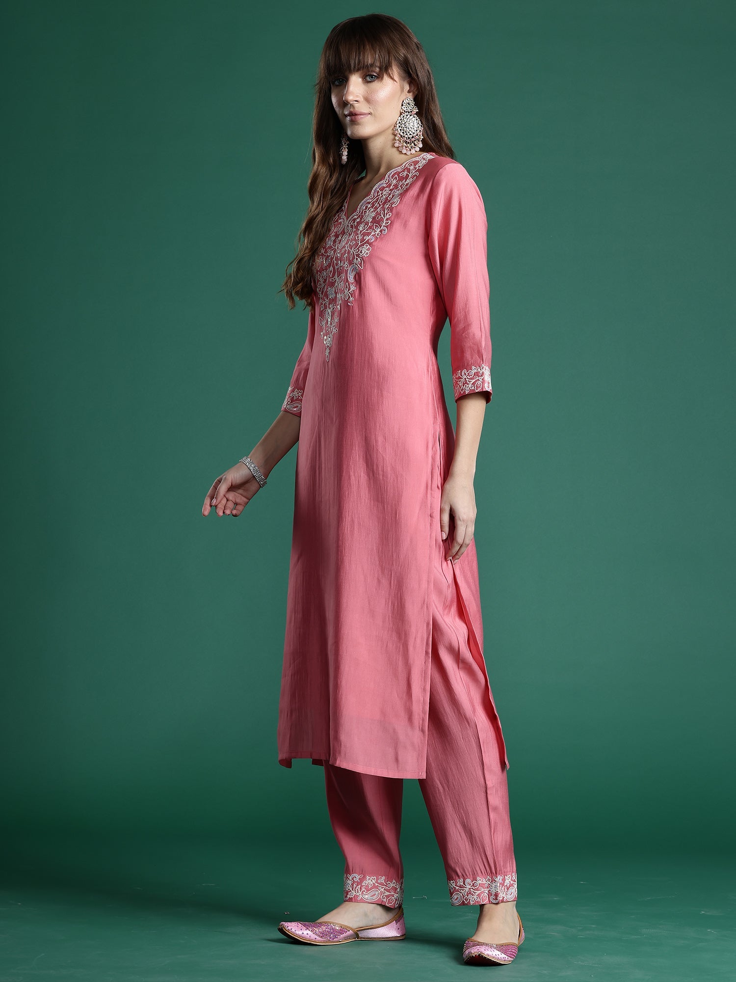Indo Era Pink Embroidered Straight Kurta Trousers With Dupatta Set