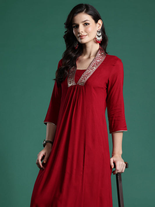 Indo Era Maroon Woven Design A-Line Kurta Trousers Set