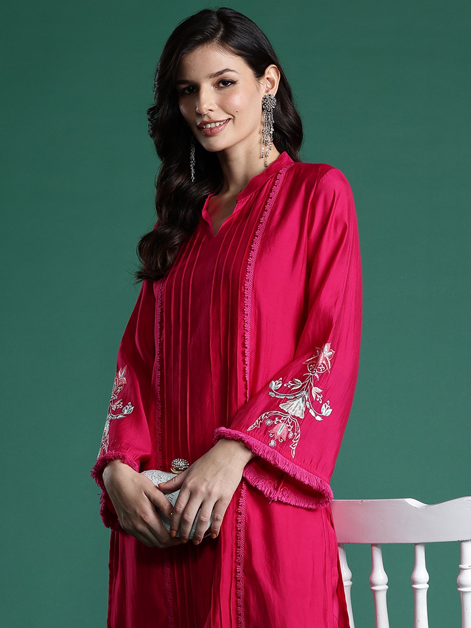 Indo Era Pink Self Design Straight Kurta Trousers set