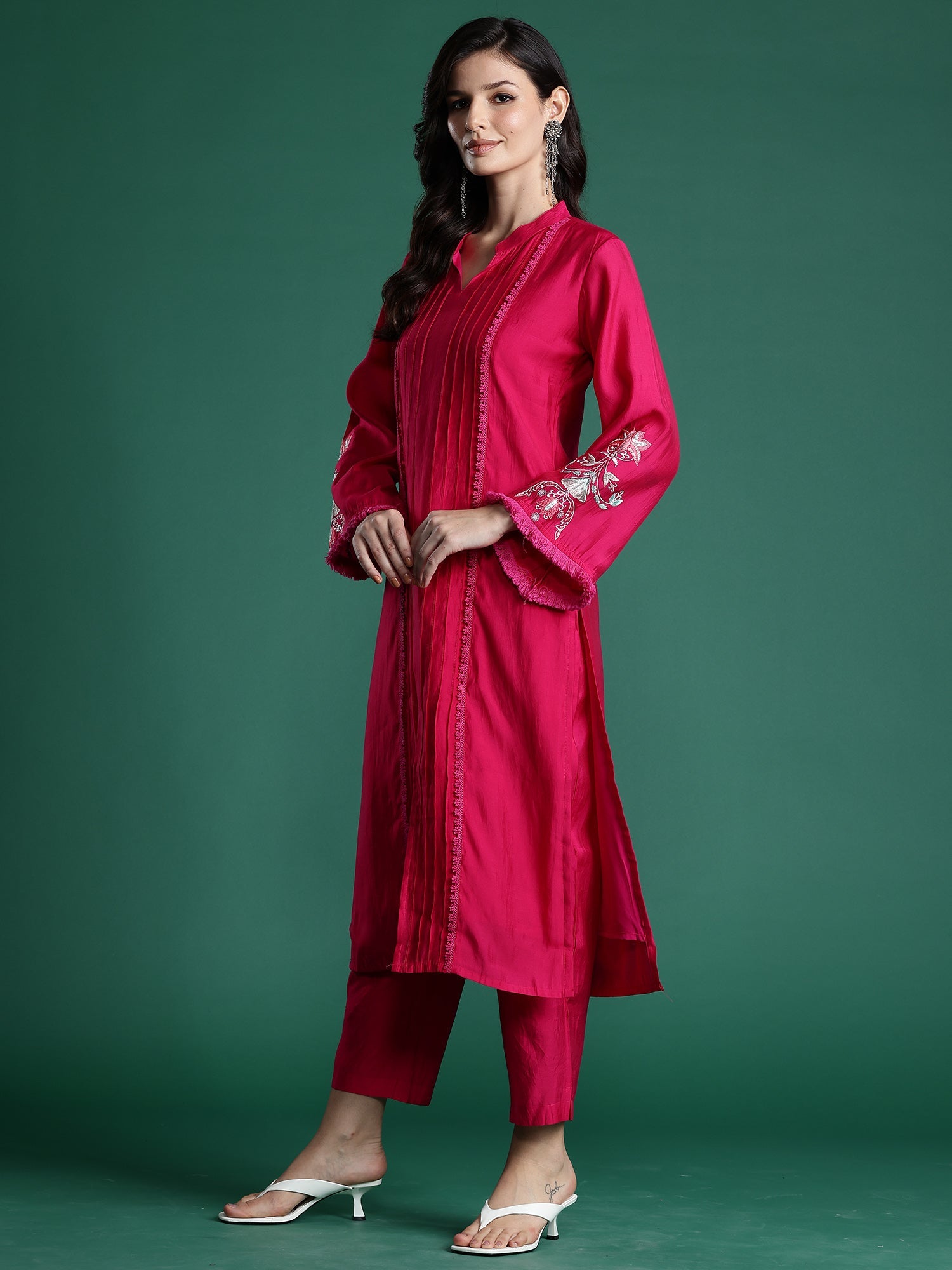 Indo Era Pink Self Design Straight Kurta Trousers set