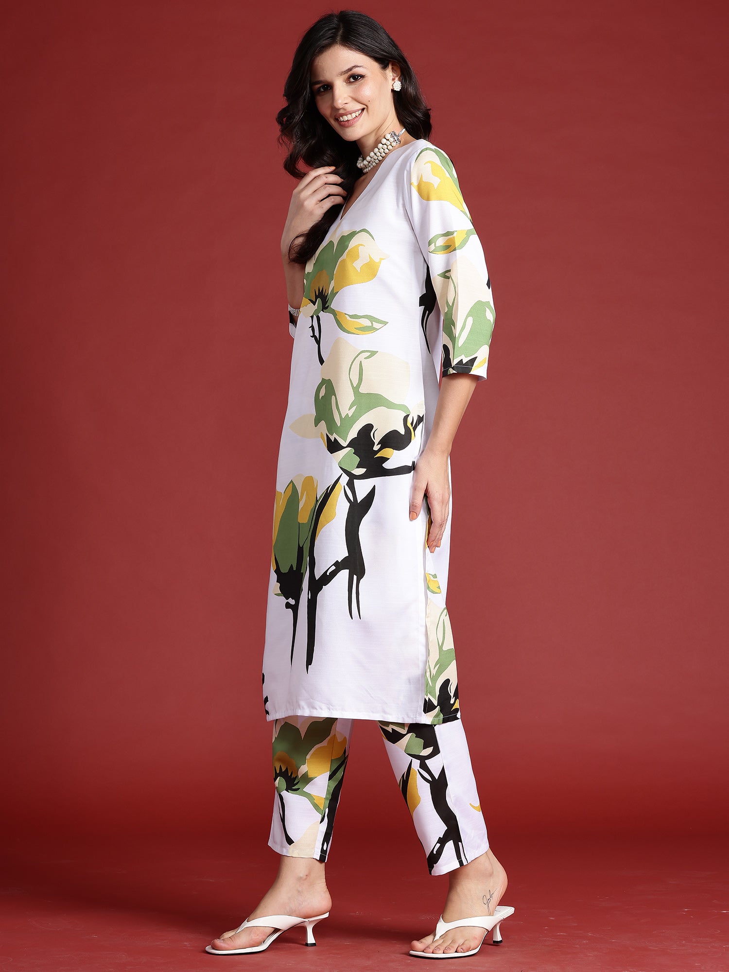 Indo Era White Printed Straight Kurta Trousers set
