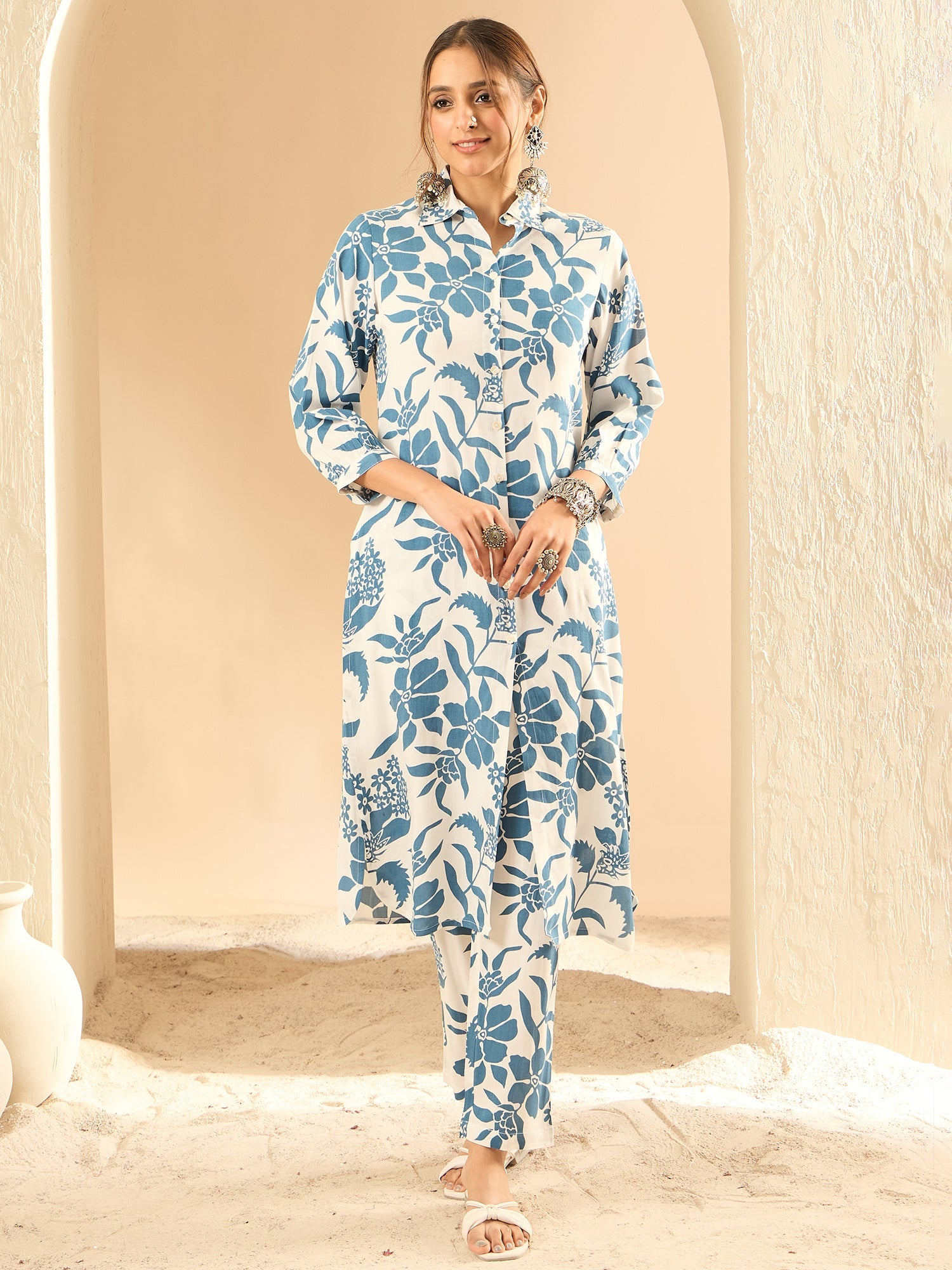Indo Era White Printed Straight Kurta Trousers set