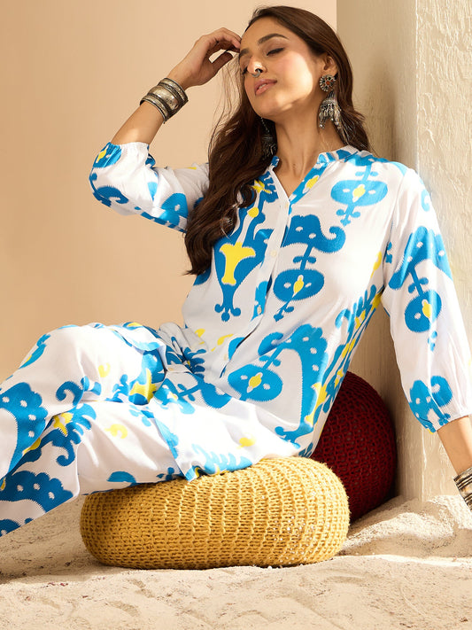 Indo Era White Printed Straight Kurta Trousers set