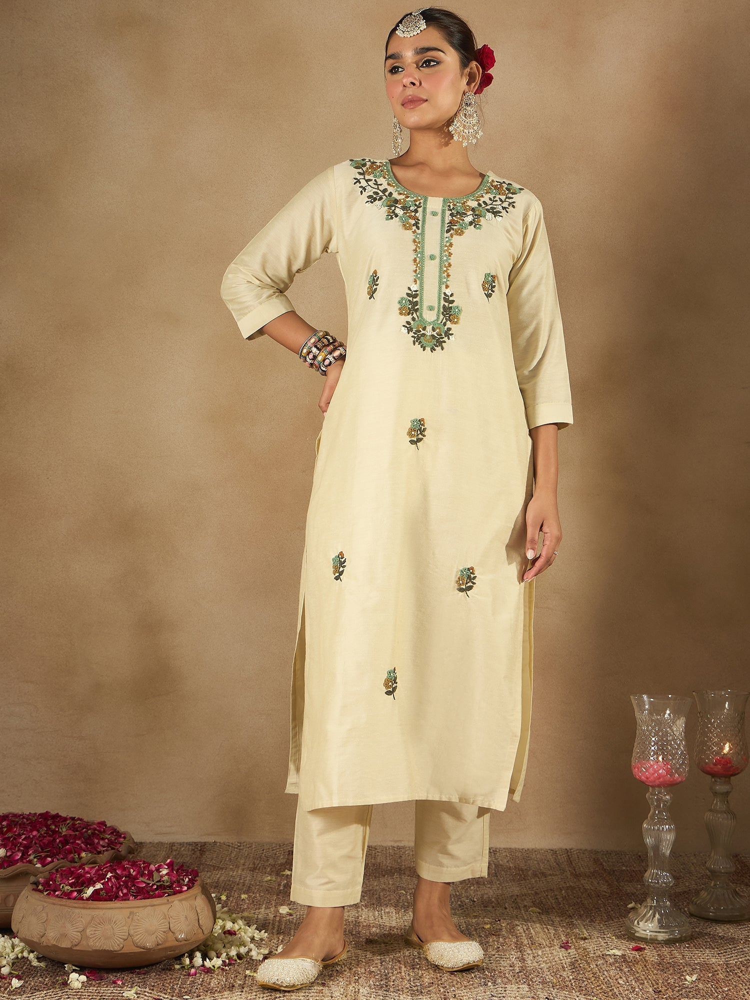 Indo Era Cream Embroidered Straight Kurta Trousers With Dupatta Set