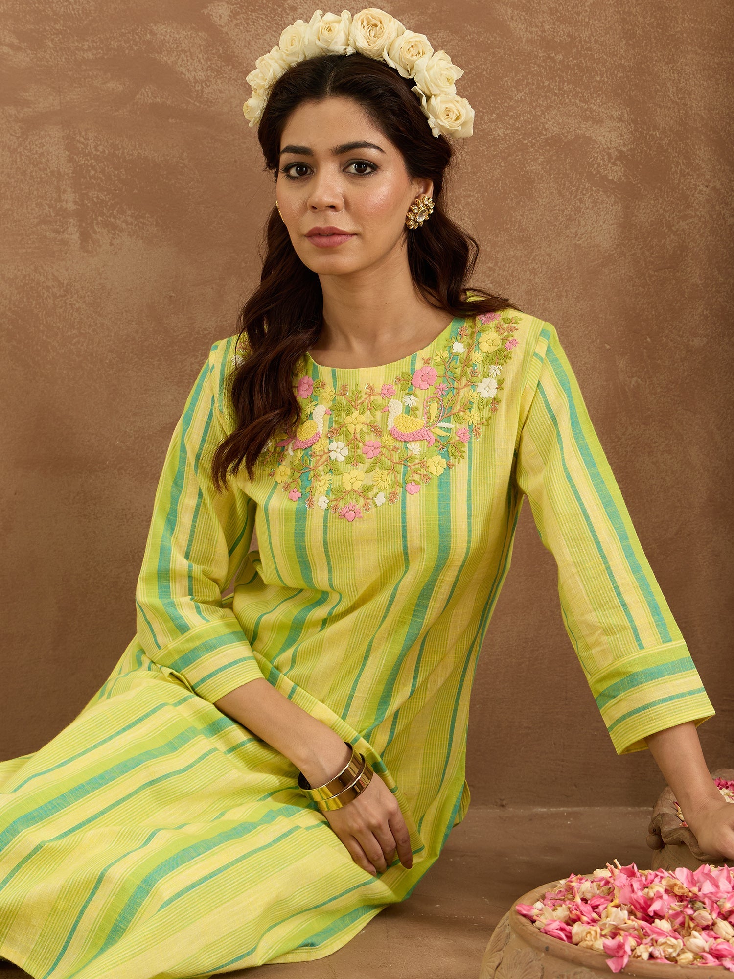Indo Era Yellow Embroidered Straight Kurta Trousers Set