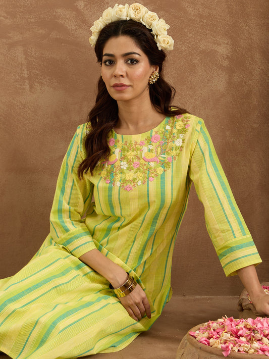 Indo Era Yellow Embroidered Straight Kurta Trousers Set