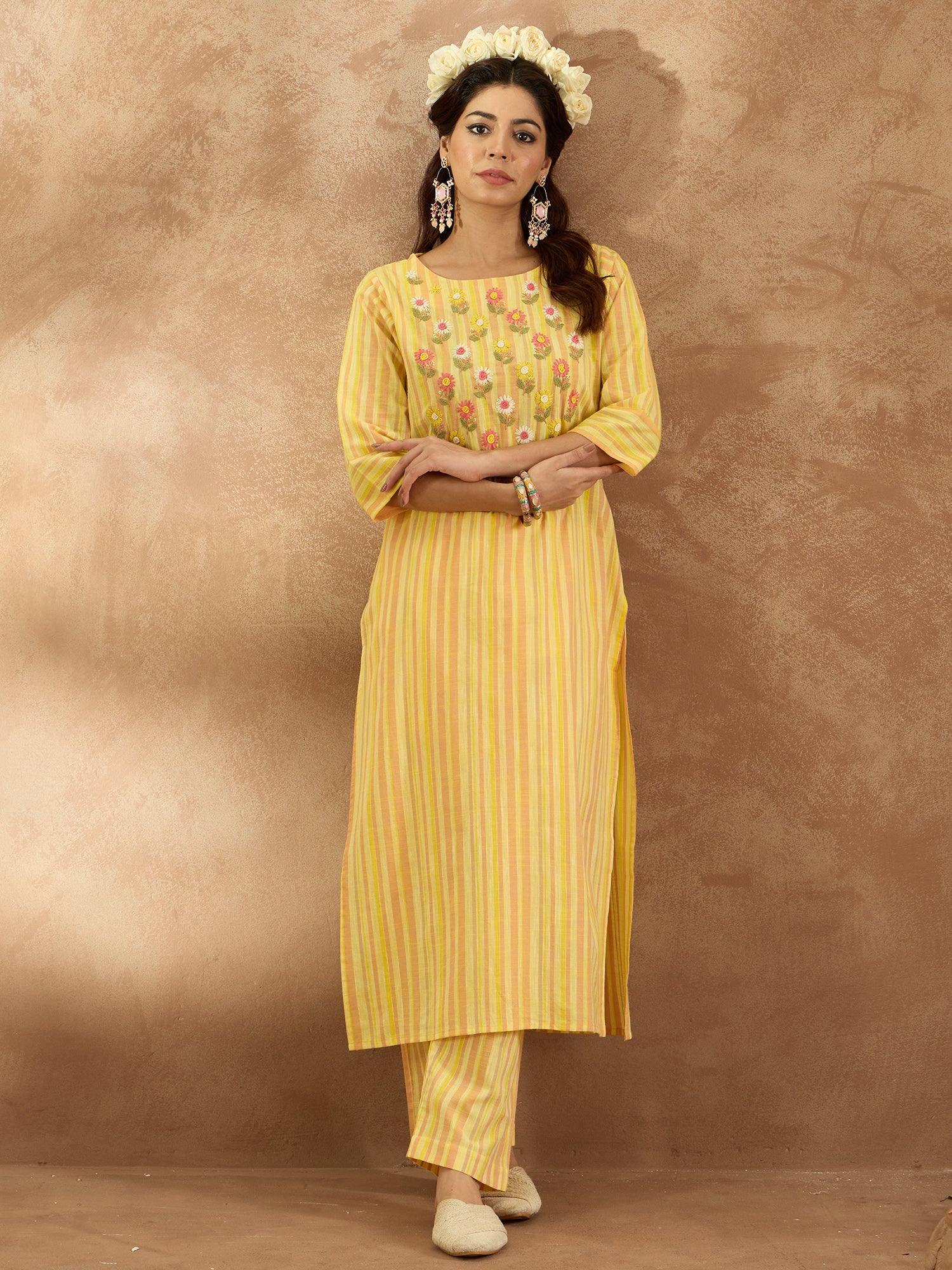 Indo Era Mustard Embroidered Straight Kurta Trousers Set