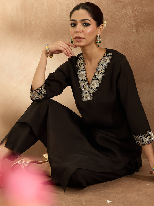 Indo Era Black Embroidered Straight Kurta Trousers Set