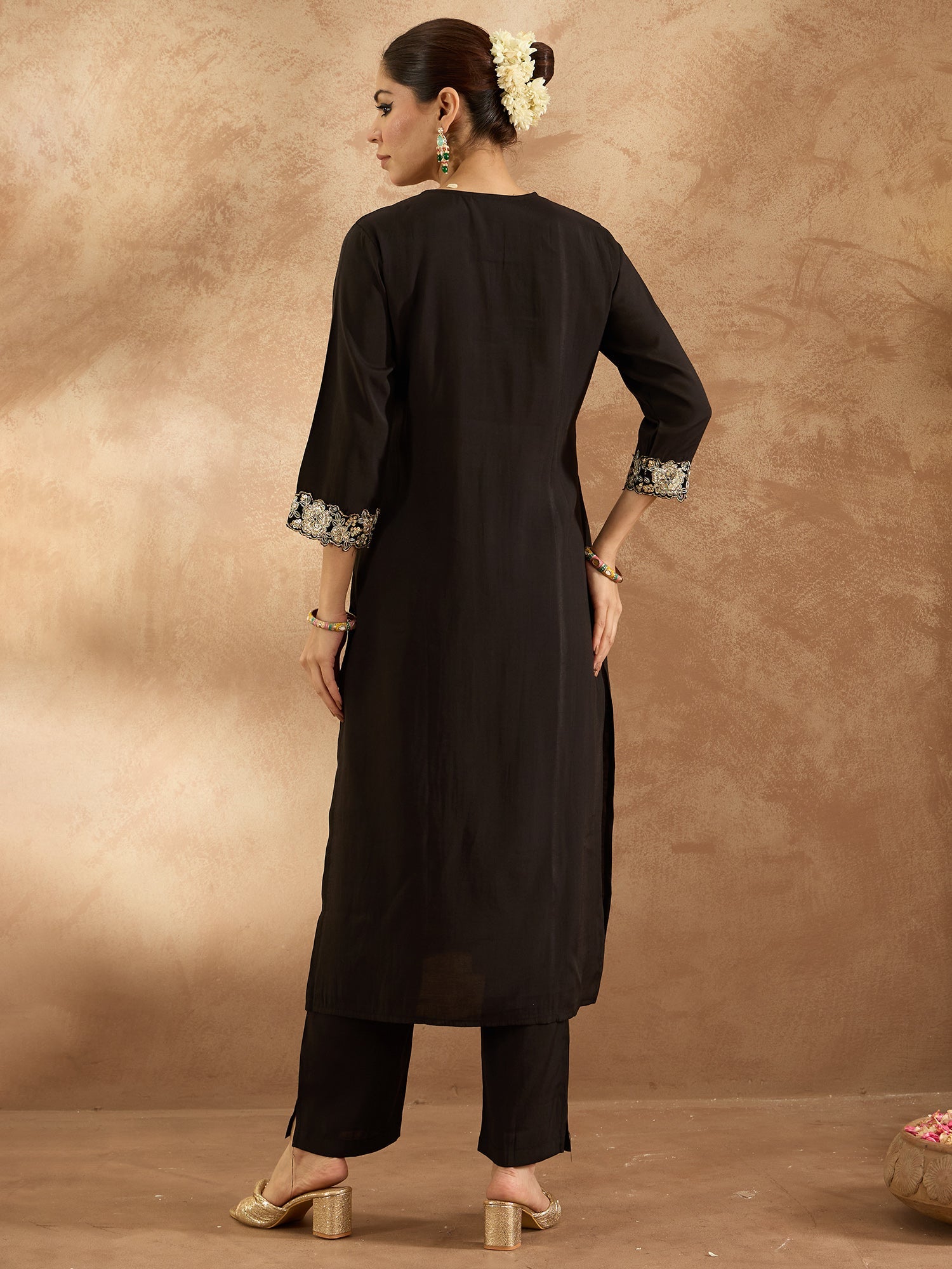 Indo Era Black Embroidered Straight Kurta Trousers Set