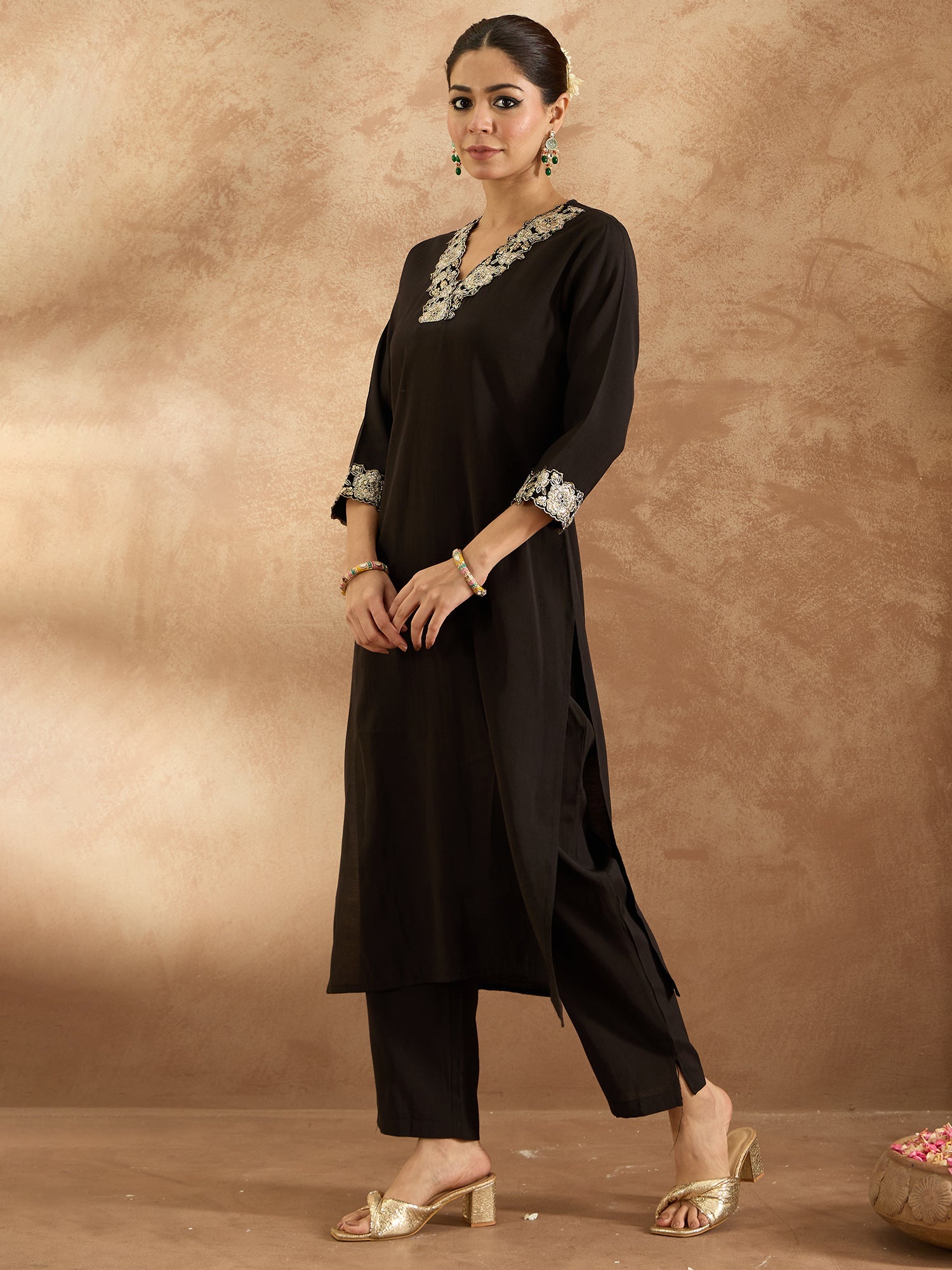 Indo Era Black Embroidered Straight Kurta Trousers Set