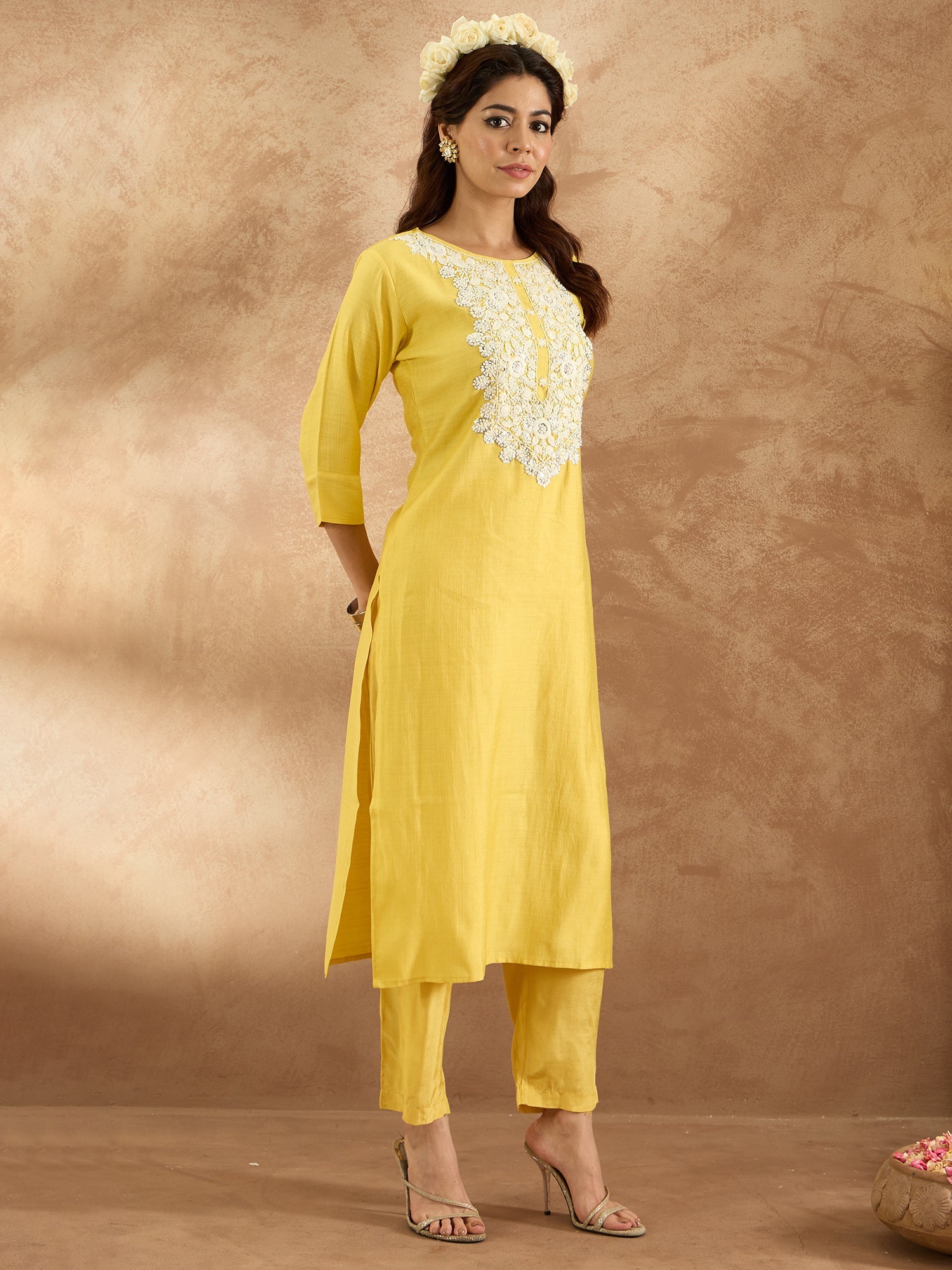 Indo Era Yellow Embroidered Straight Kurta Trousers Set