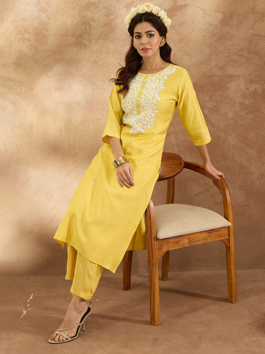 Indo Era Yellow Embroidered Straight Kurta Trousers Set