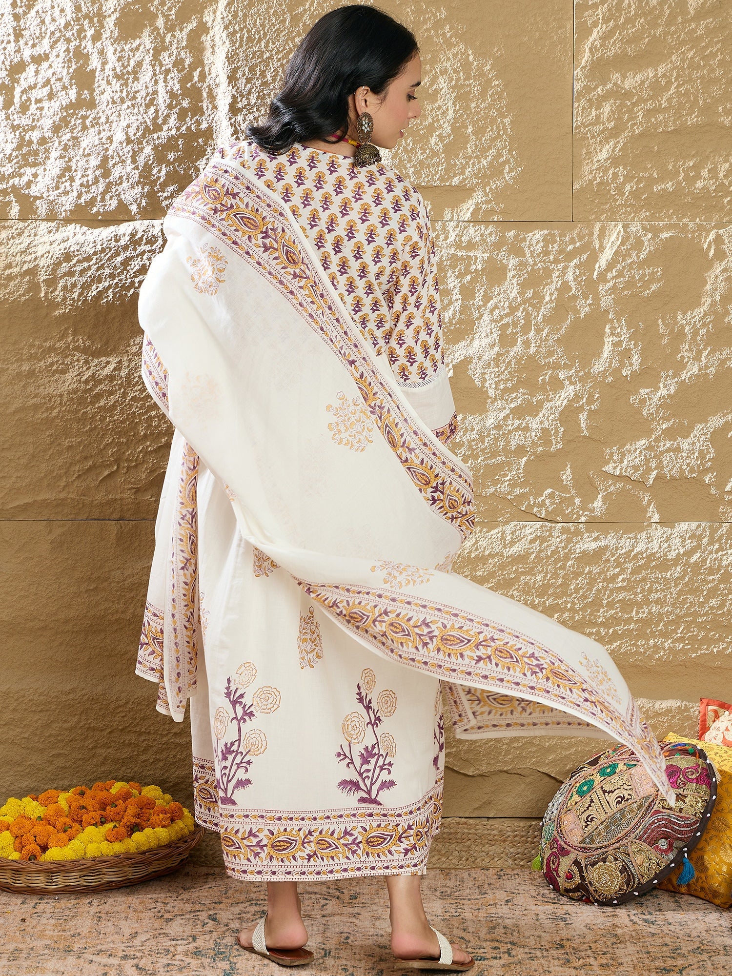 Indo Era White Printed A-Line Kurta Trousers With Dupatta Set