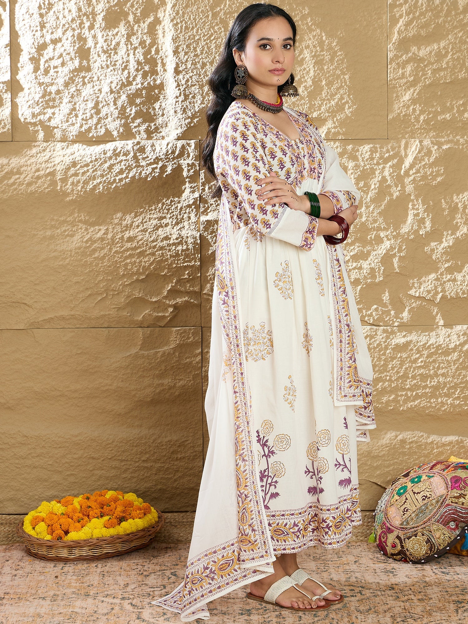 Indo Era White Printed A-Line Kurta Trousers With Dupatta Set