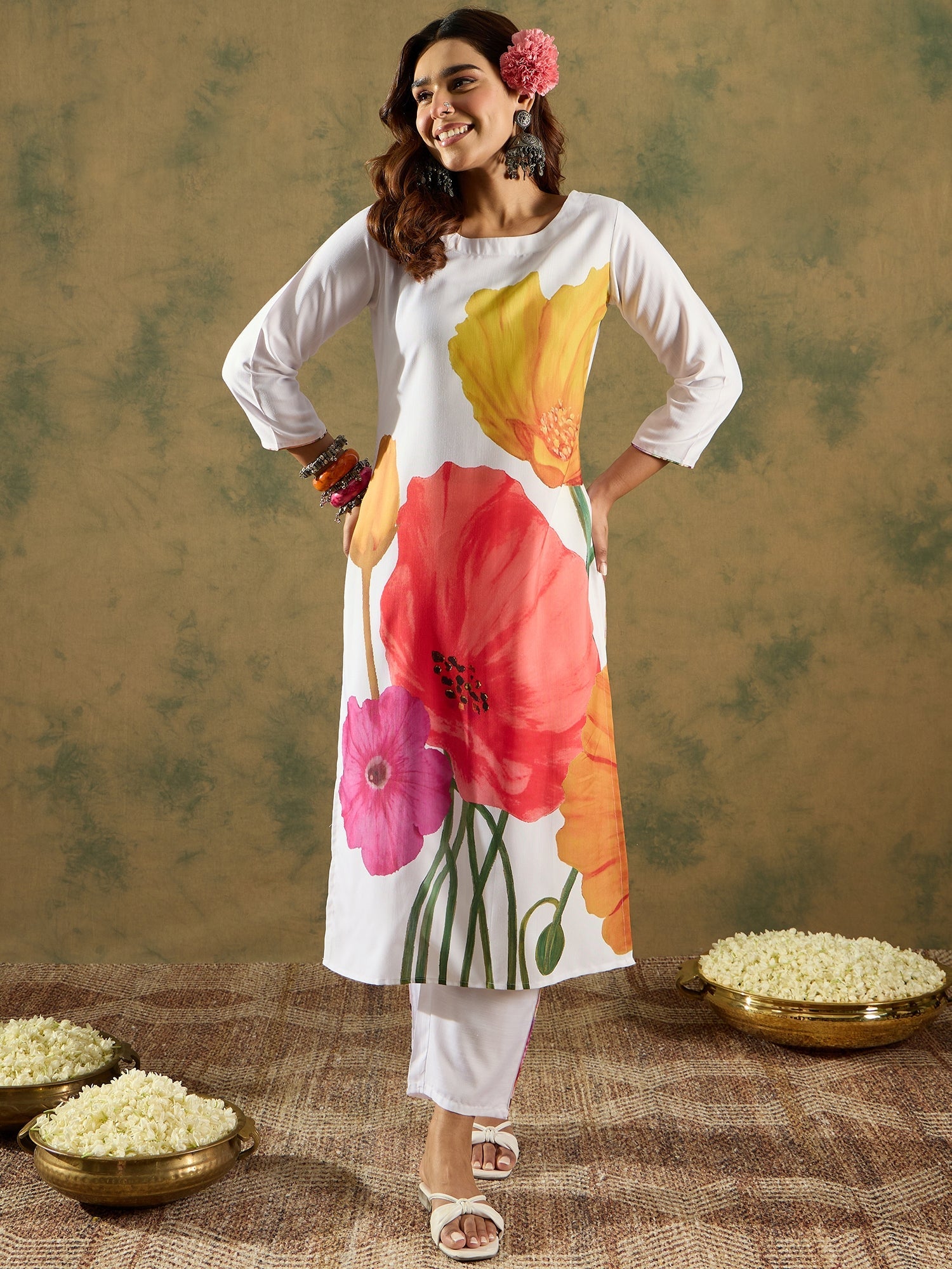 Indo Era White Printed Straight Kurta Trousers Set
