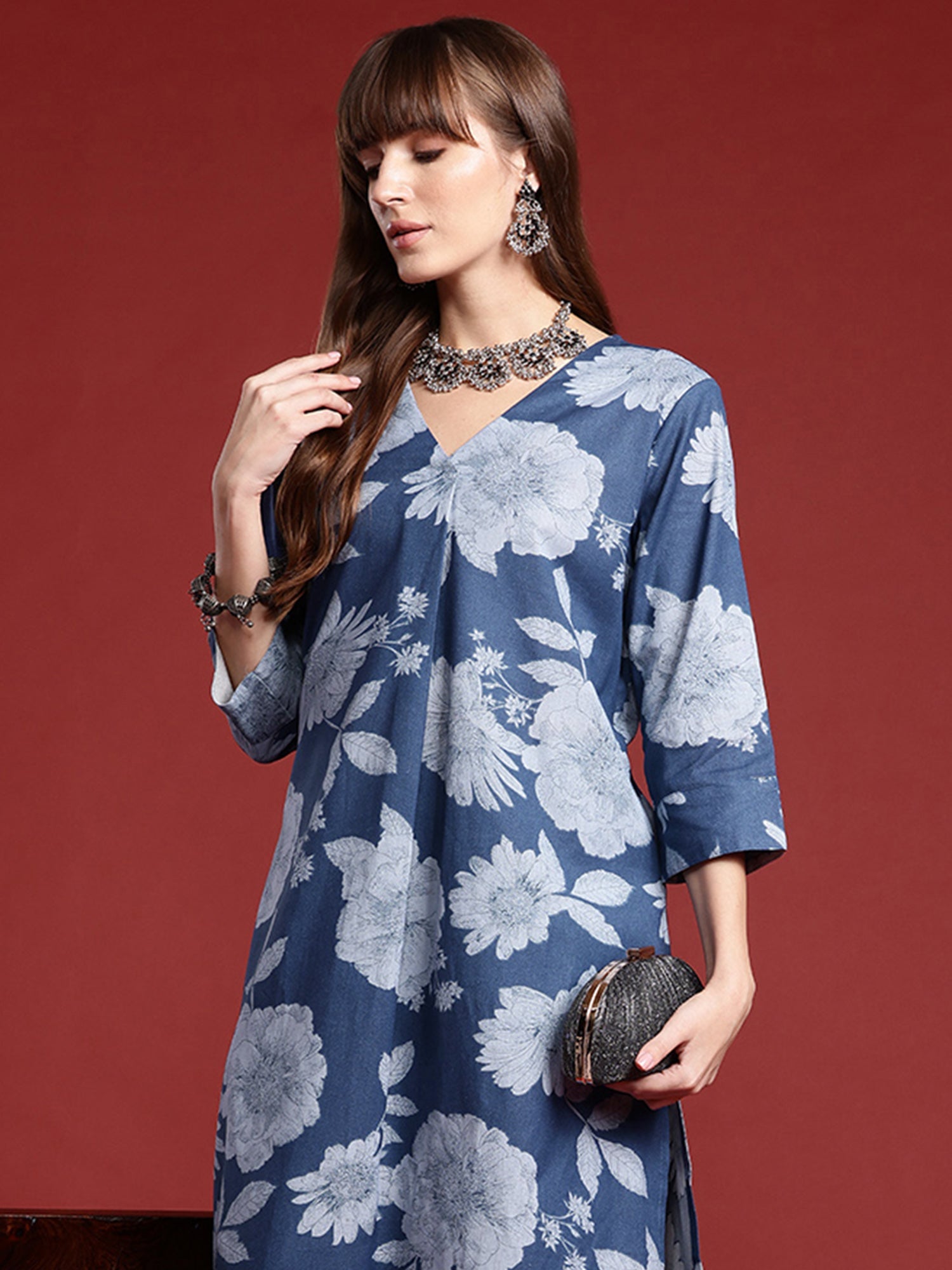 Indo Era Blue Printed A-Line Kurta Trousers set
