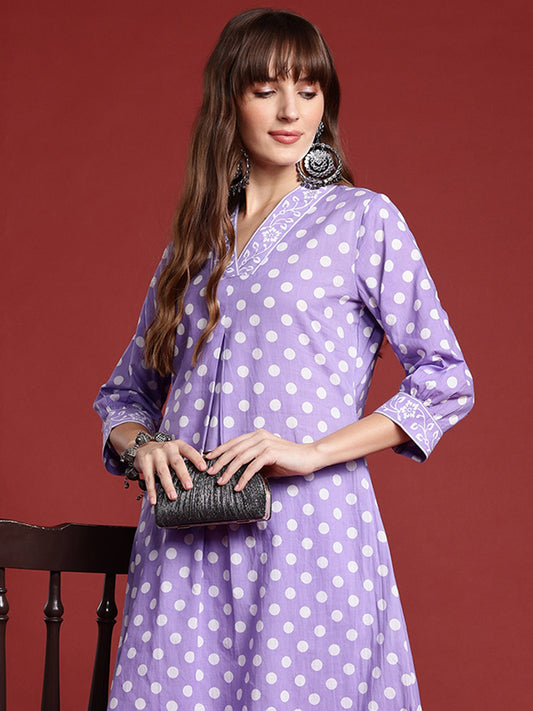 Indo Era Lavender Printed A-Line Kurta Trousers set