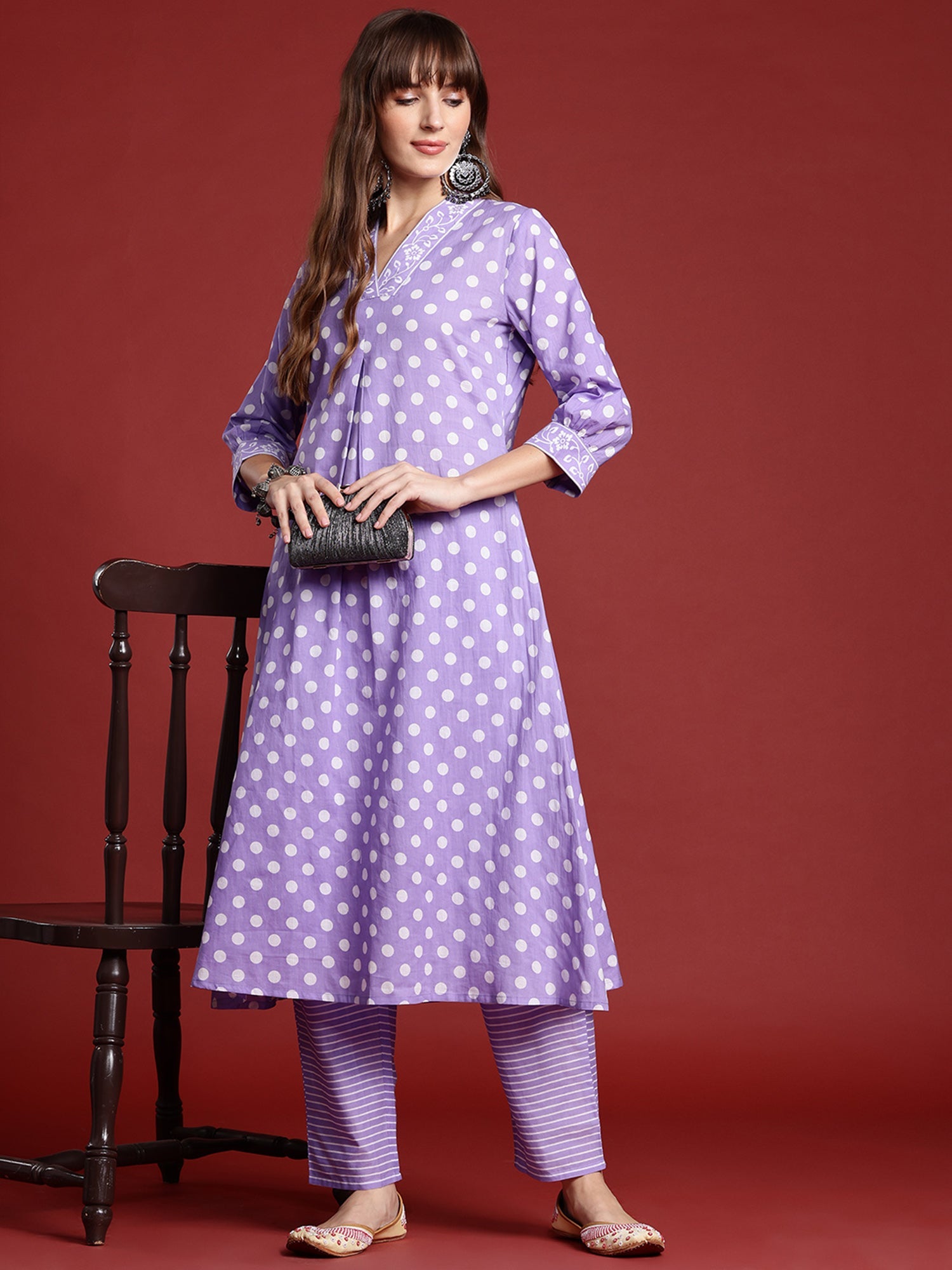 Indo Era Lavender Printed A-Line Kurta Trousers set