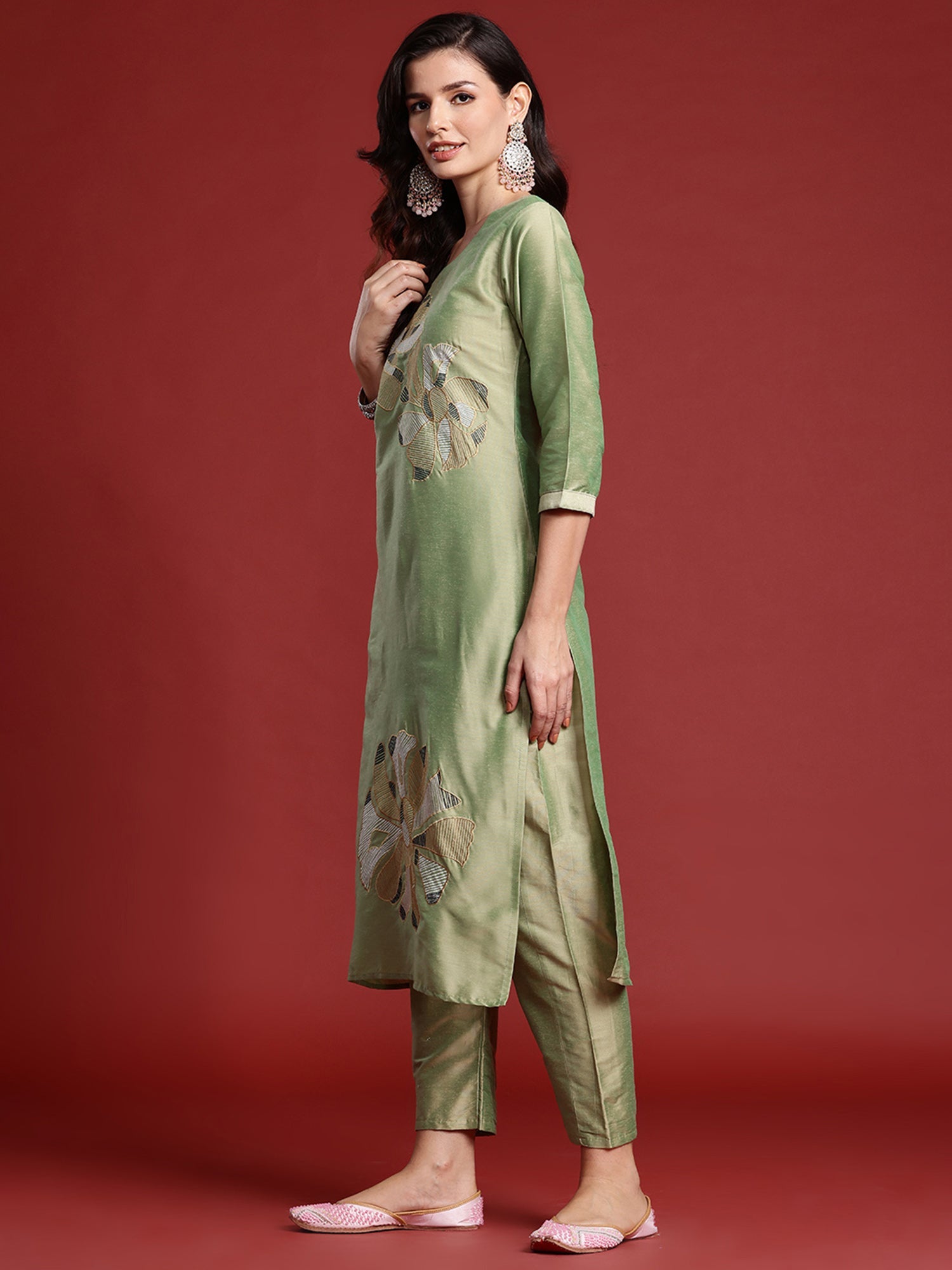 Indo Era Green Embroidered Straight Kurta Trousers set