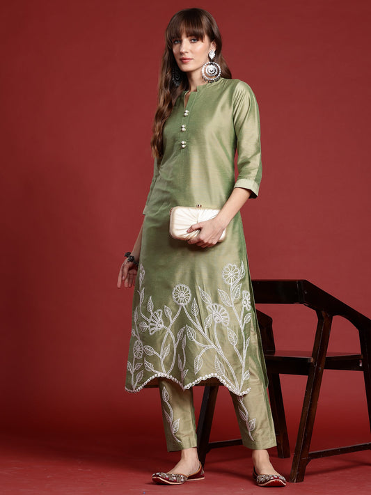 Indo Era Green Embroidered Straight Kurta Trousers set
