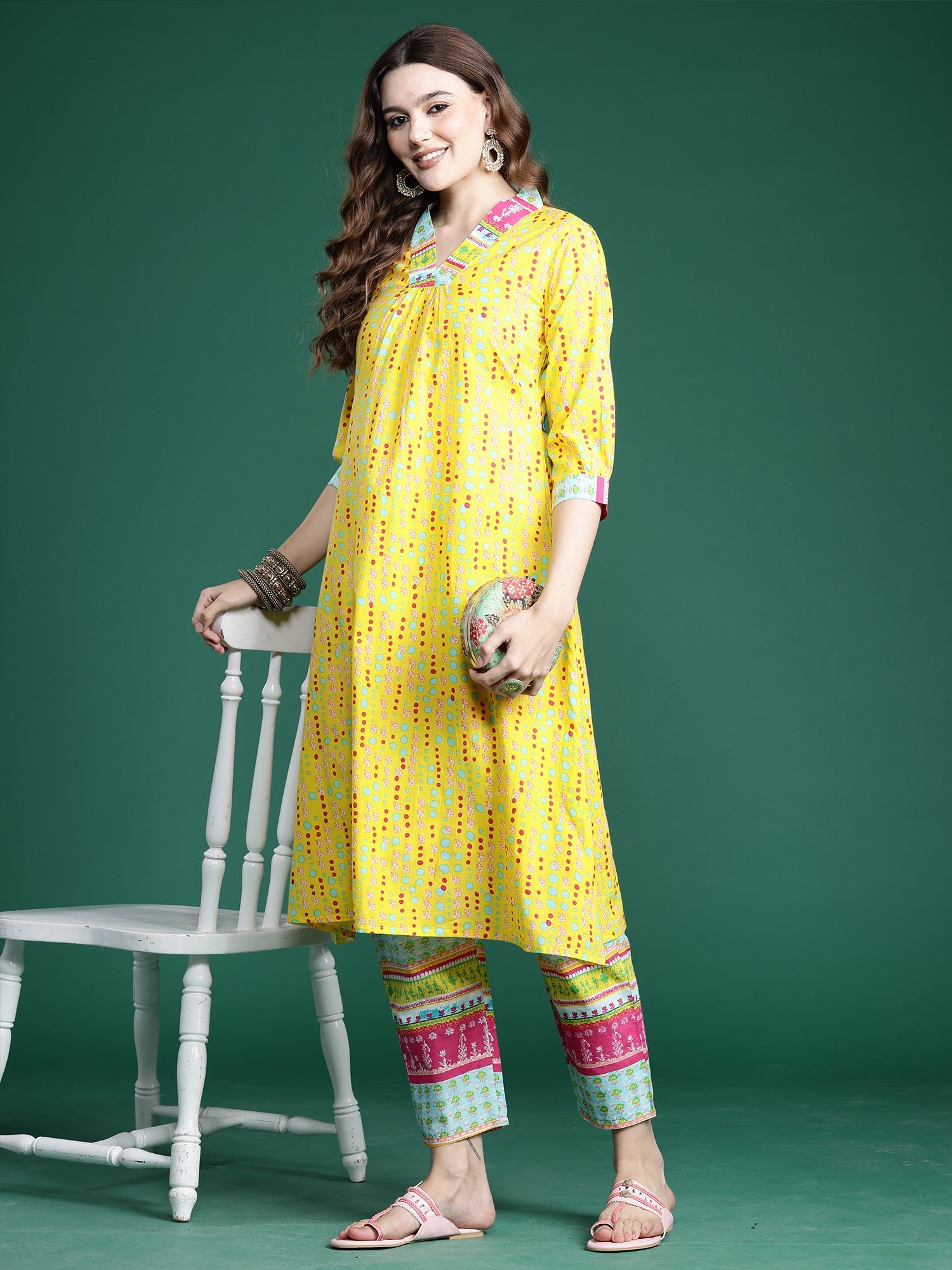 Indo Era Yellow Printed A-Line Kurta Trousers set