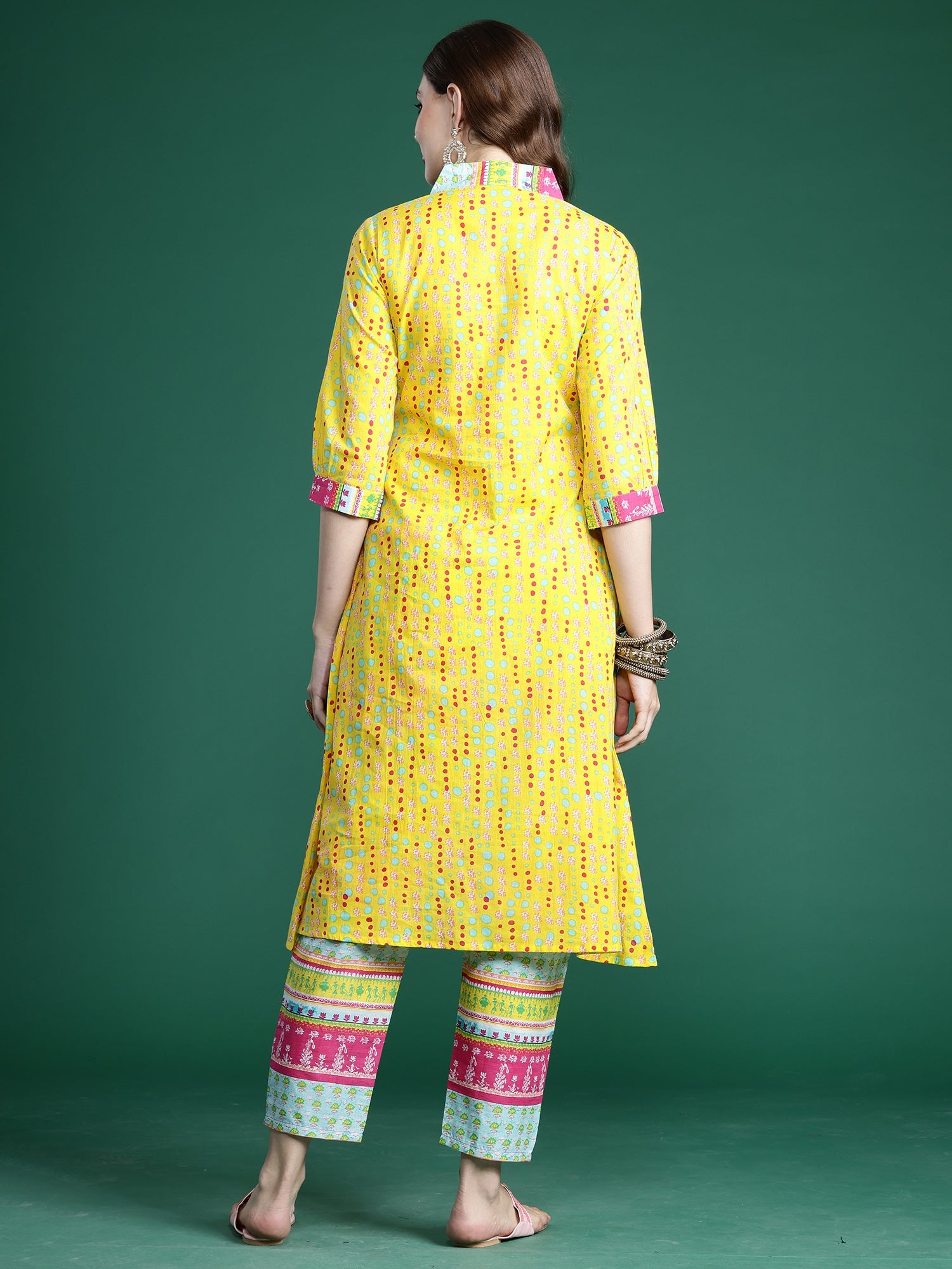 Indo Era Yellow Printed A-Line Kurta Trousers set