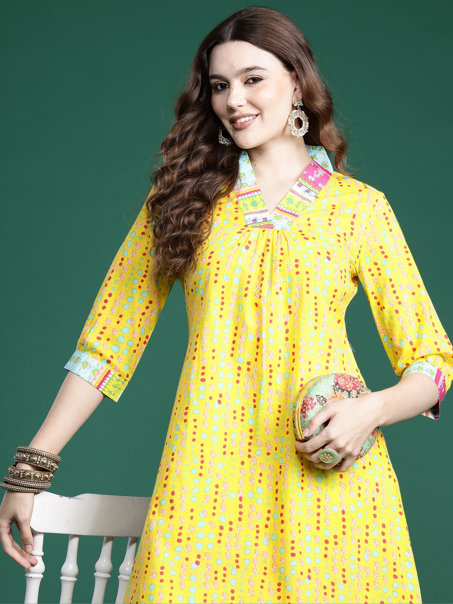 Indo Era Yellow Printed A-Line Kurta Trousers set