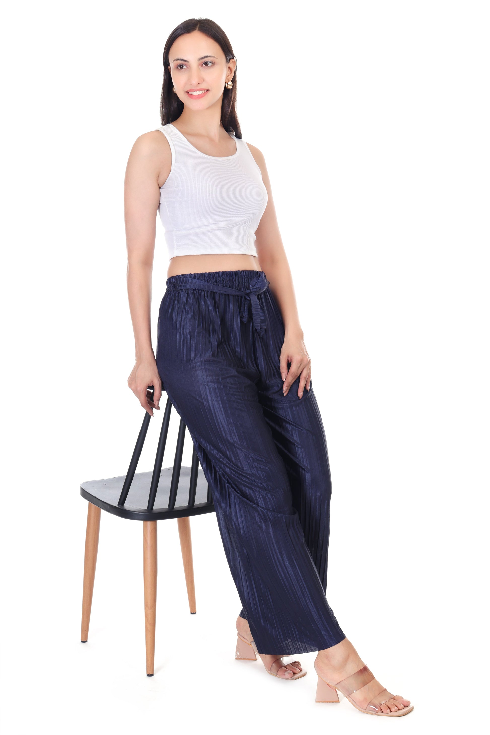 Jaitra Apparels Navy Blue Satin Pleated Free Size Palazzo