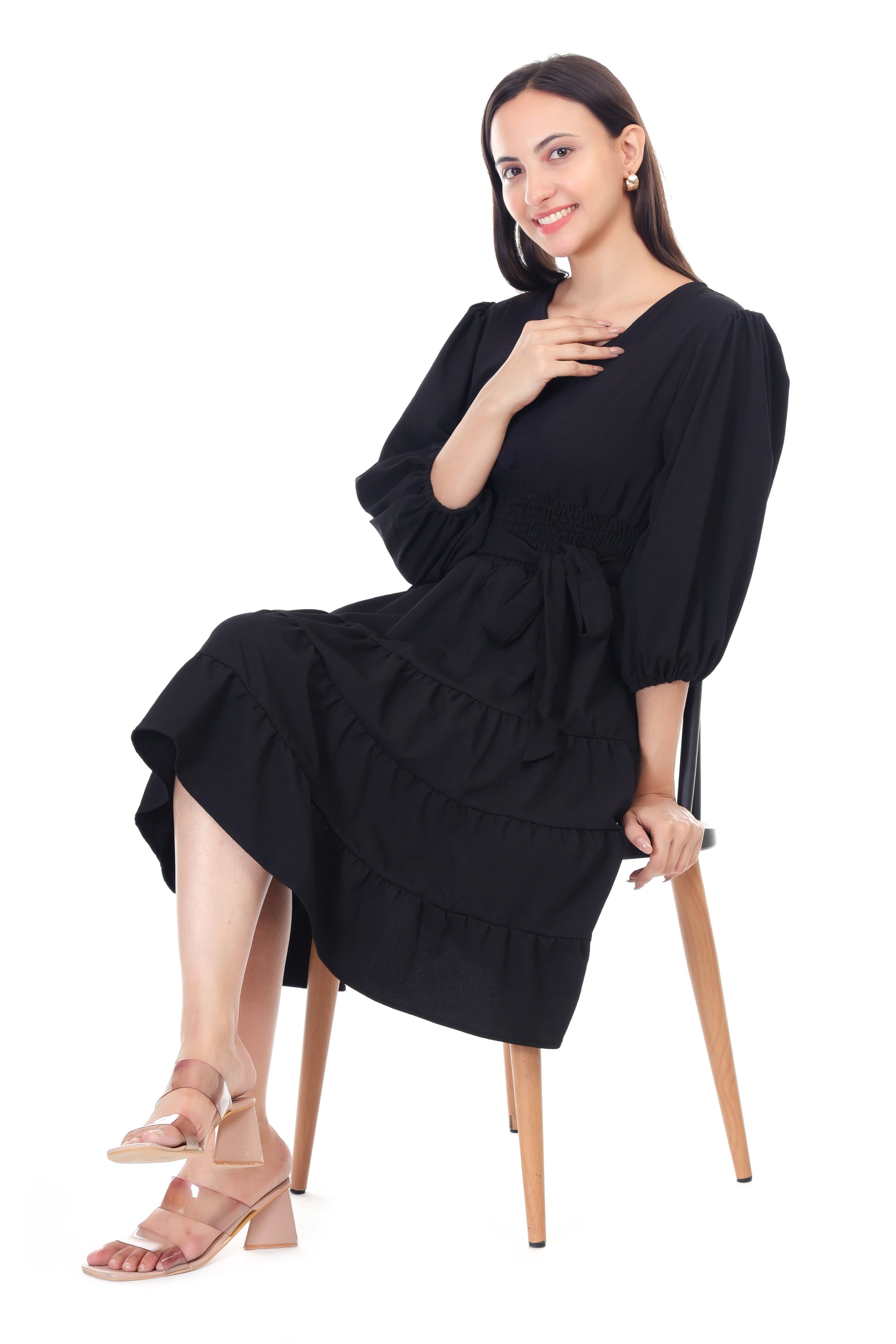 Jaitra Apparels Black Rayon Crepe Midi Dress