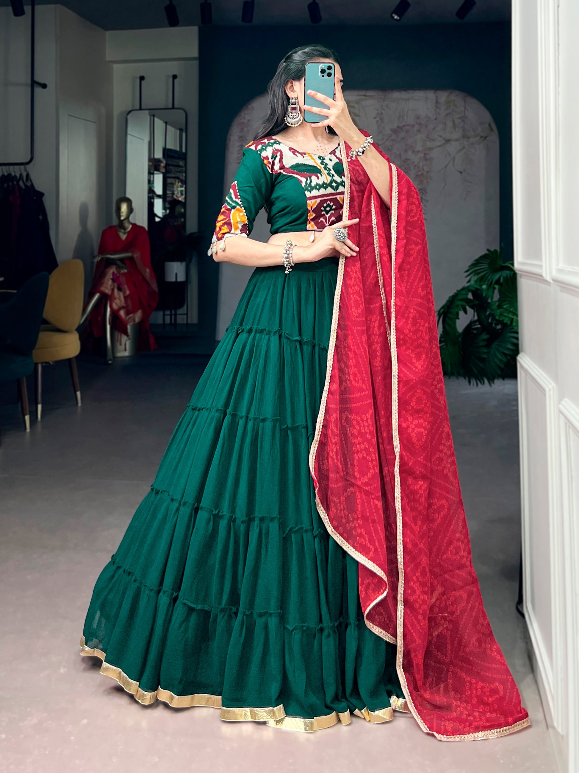 Lorenvalley Fashion Green Marble Plain Lehenga Choli With Dupatta