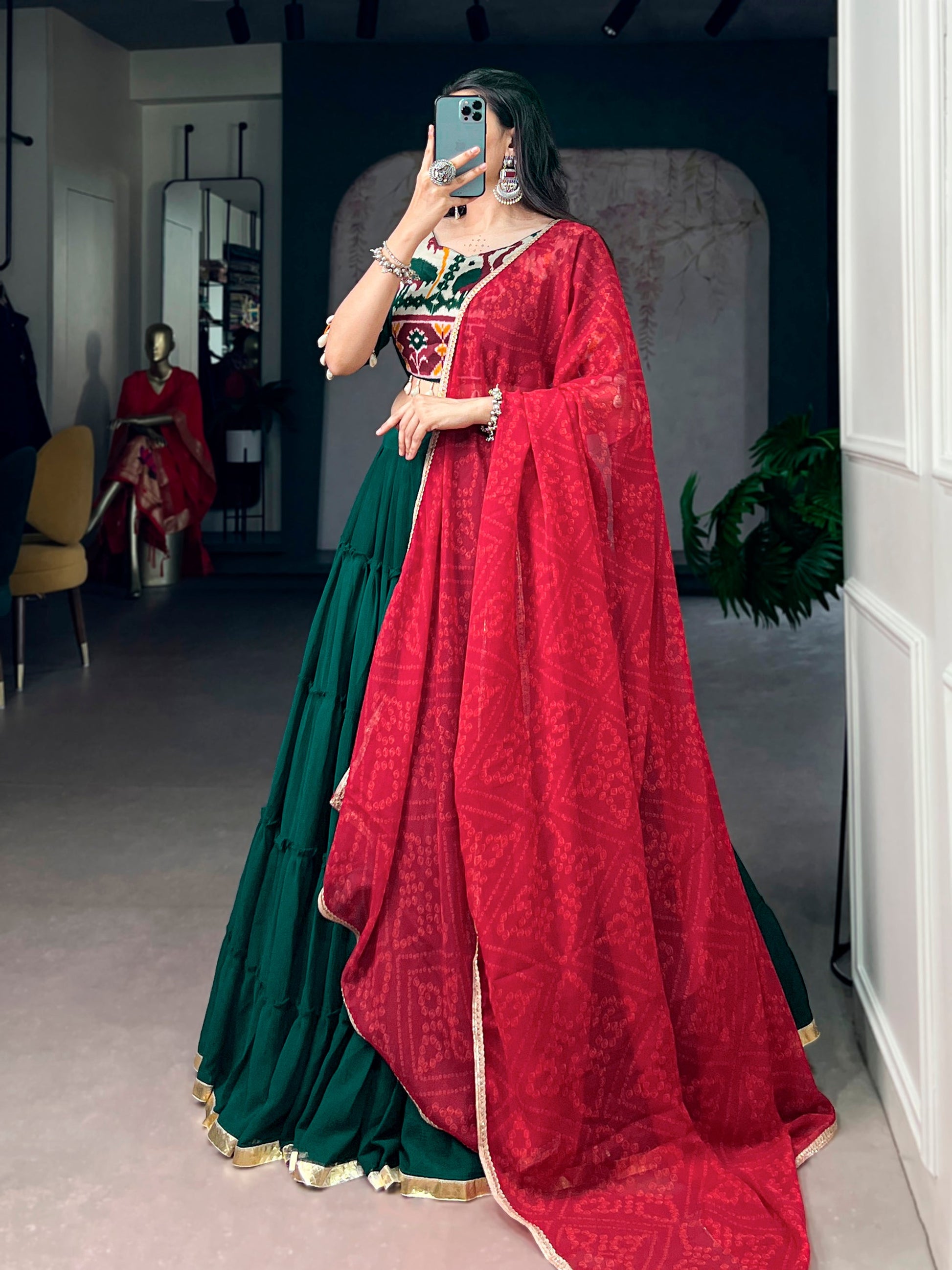 Lorenvalley Fashion Green Marble Plain Lehenga Choli With Dupatta