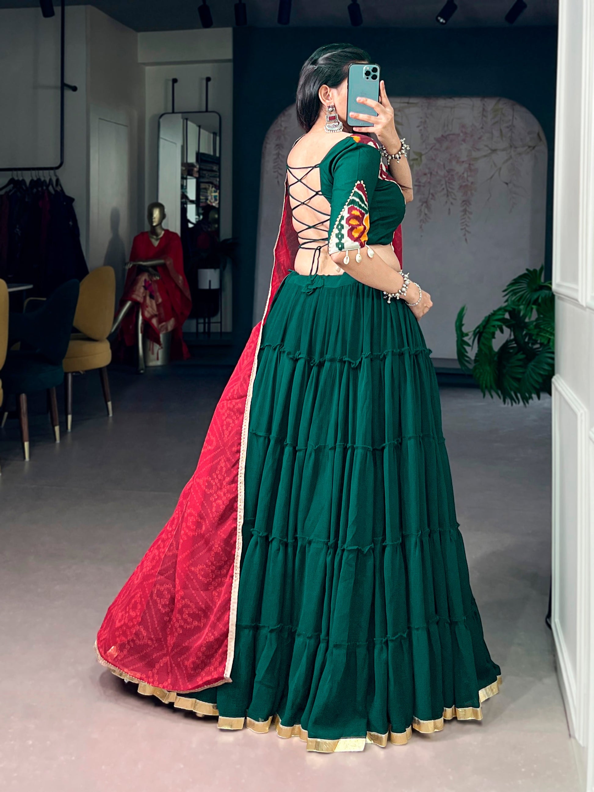 Lorenvalley Fashion Green Marble Plain Lehenga Choli With Dupatta
