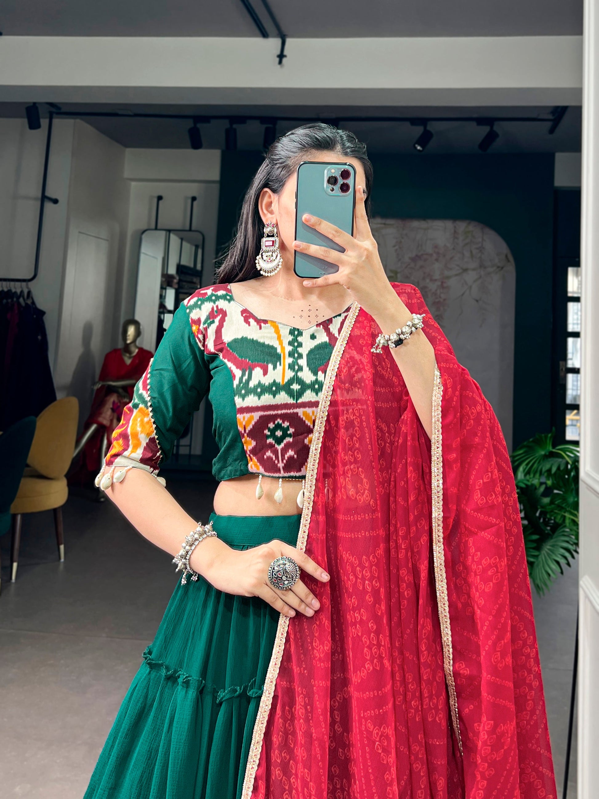 Lorenvalley Fashion Green Marble Plain Lehenga Choli With Dupatta