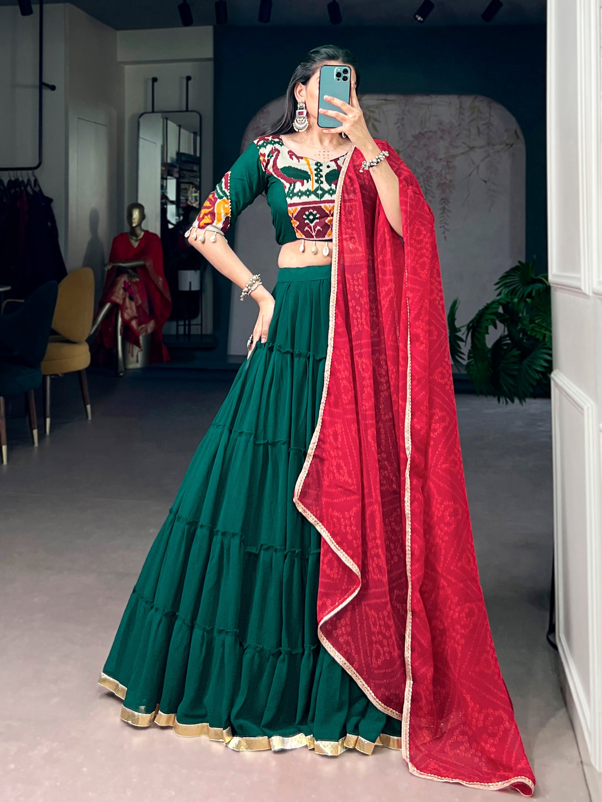 Lorenvalley Fashion Green Marble Plain Lehenga Choli With Dupatta