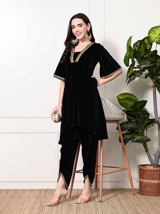 Myshka Women's Black Velvet Kurta Pant