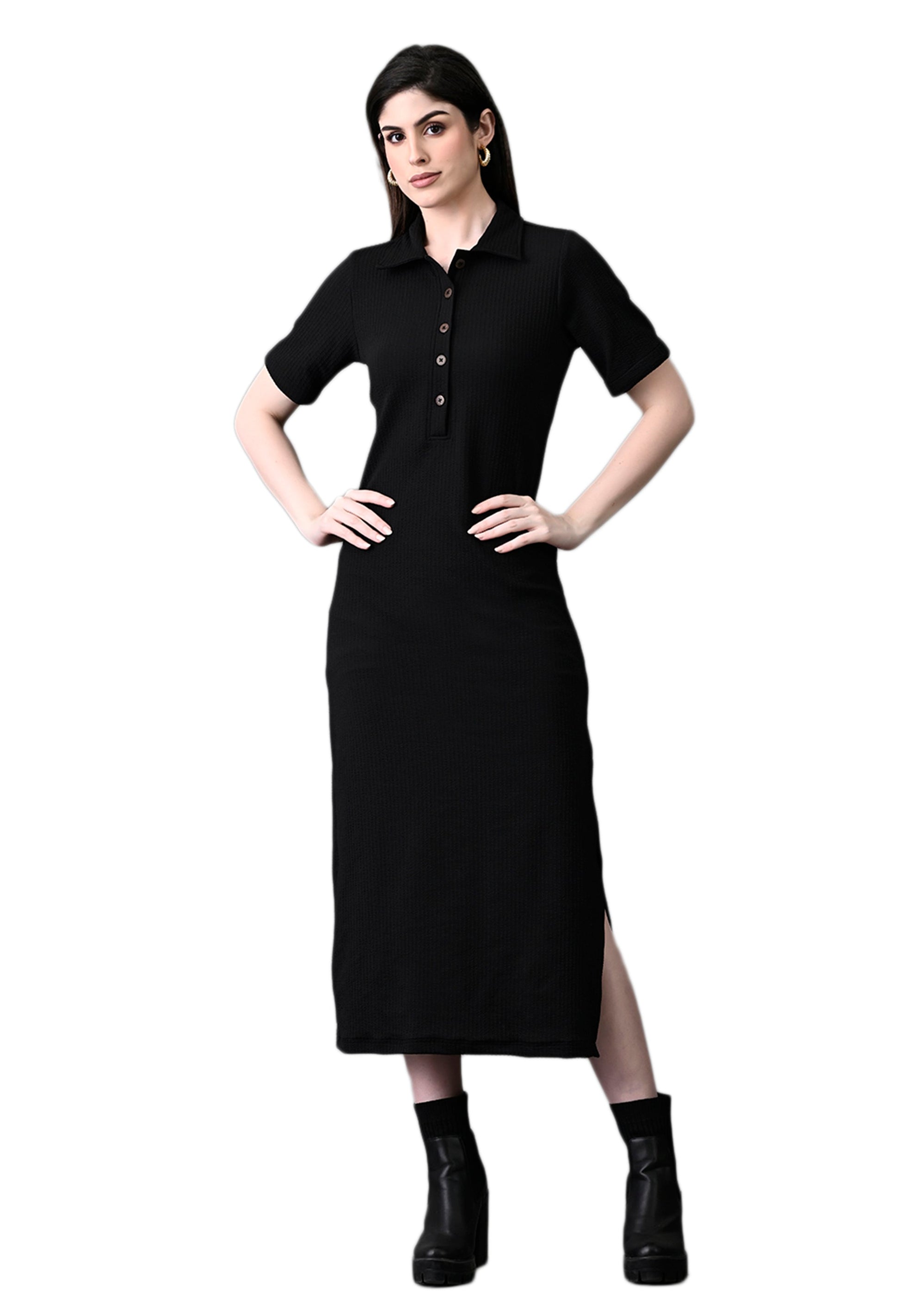 Myshka Women's Elegant Black Midi Dress With Collared Neckline