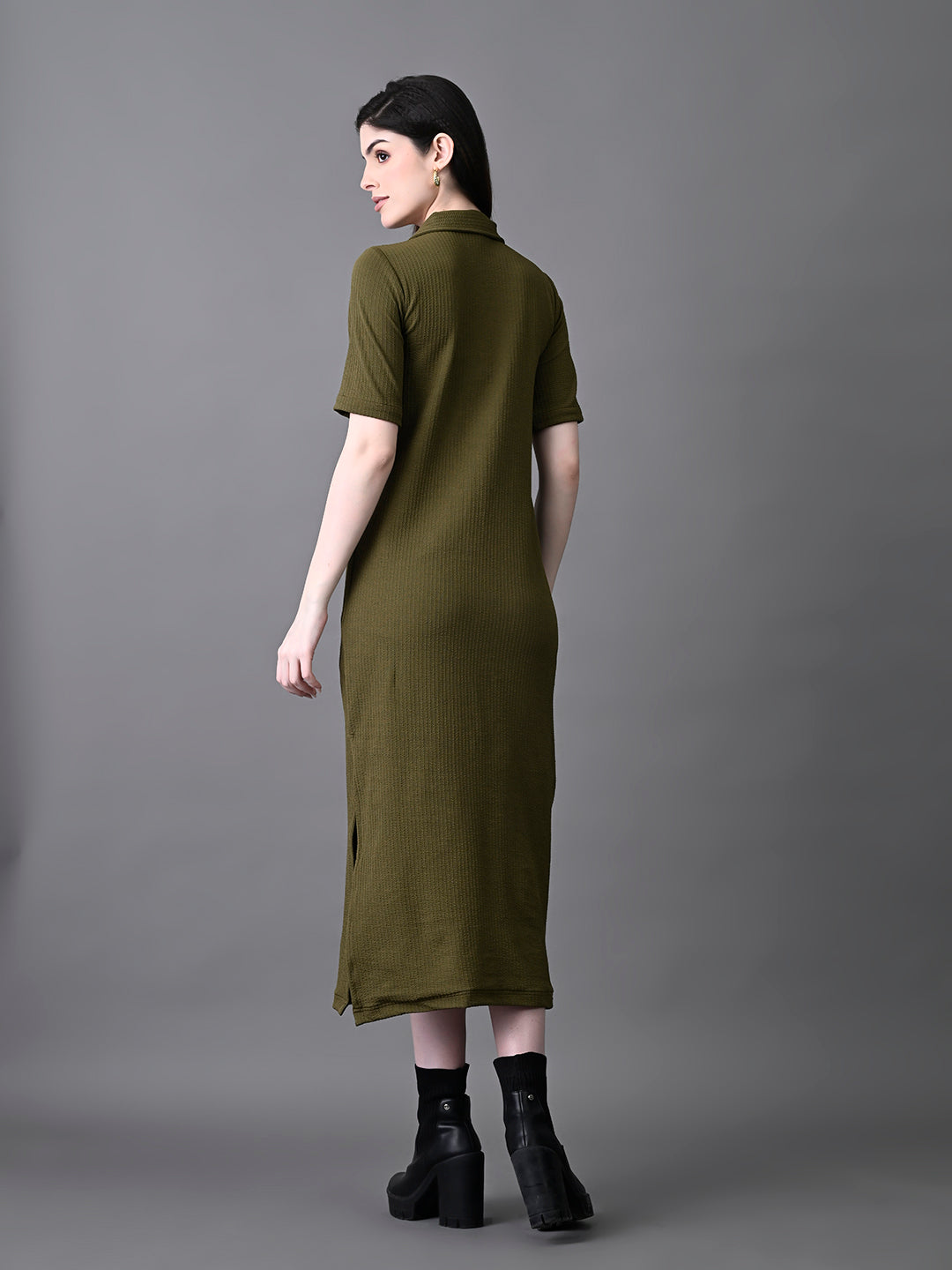 Myshka Women's Elegant Olive Midi Dress With Collared Neckline