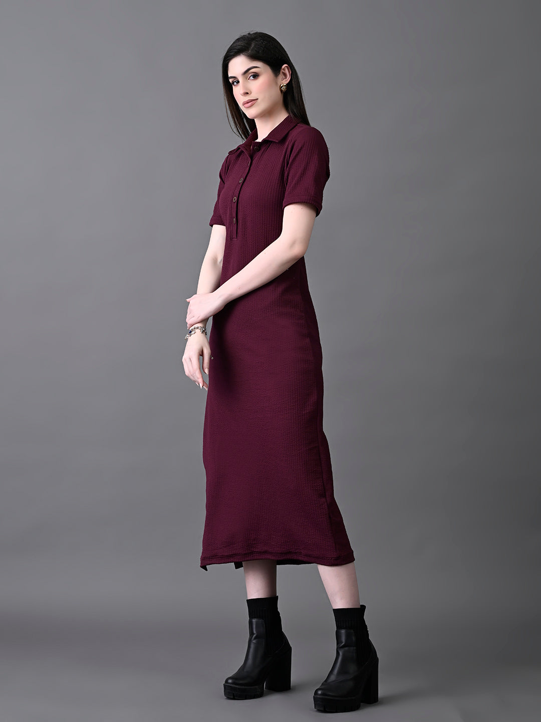 Myshka Women's Elegant Magenta Midi Dress With Collared Neckline