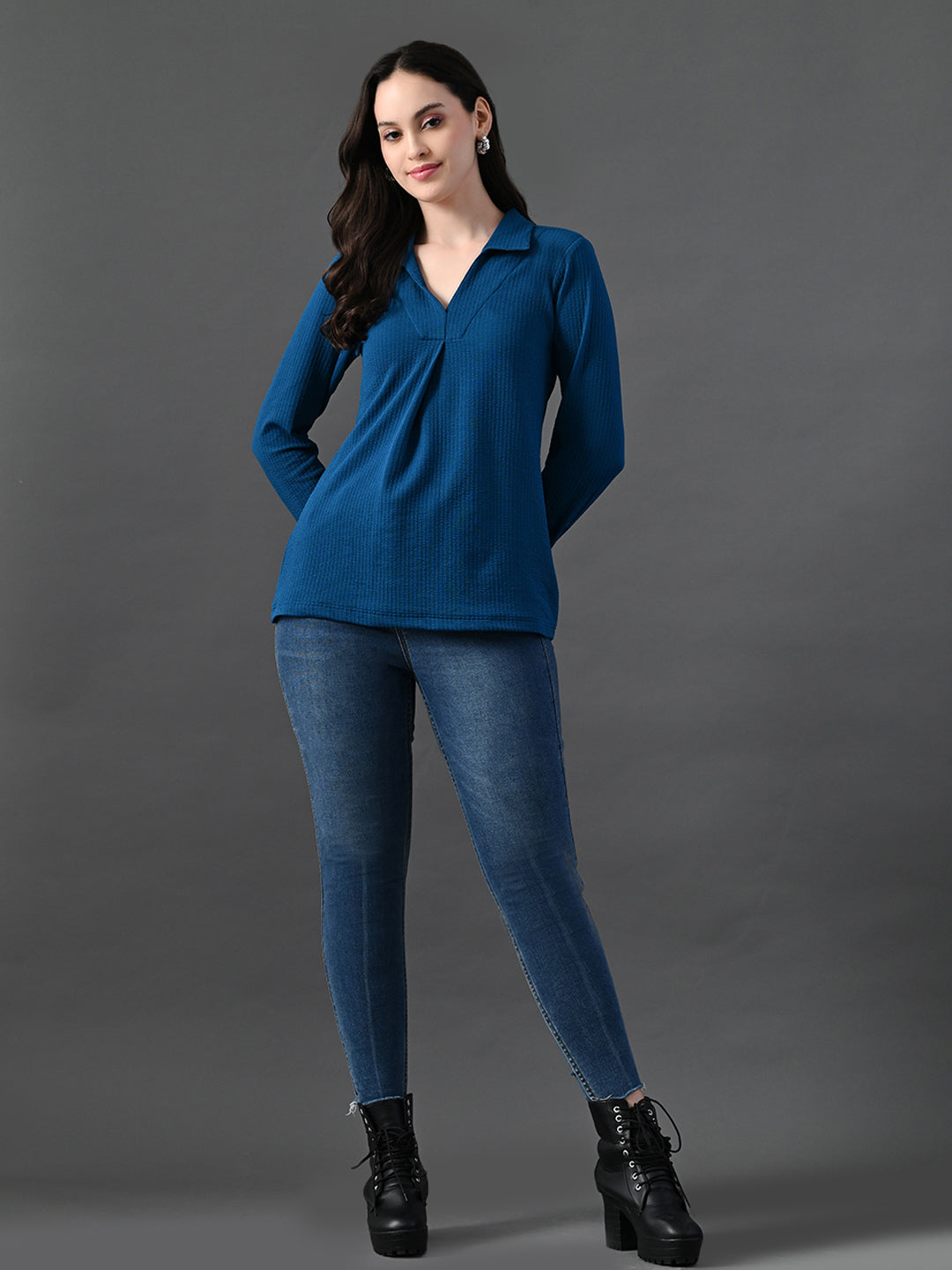 Myshka Women's Classic Blue V-Neck Full Sleeve Top For Daily Wear