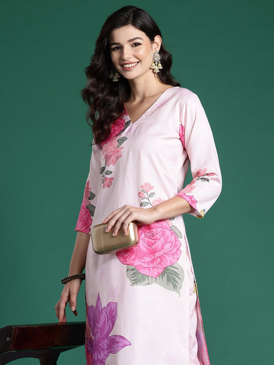 Women Peach Printed Straight Kurta Trousers Set - Taantav